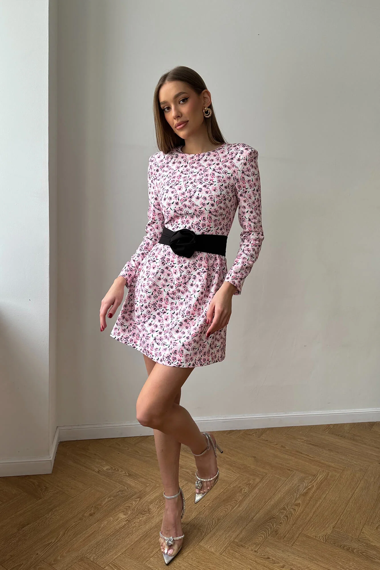 Long Sleeve Mini Dress with removable Rose belt