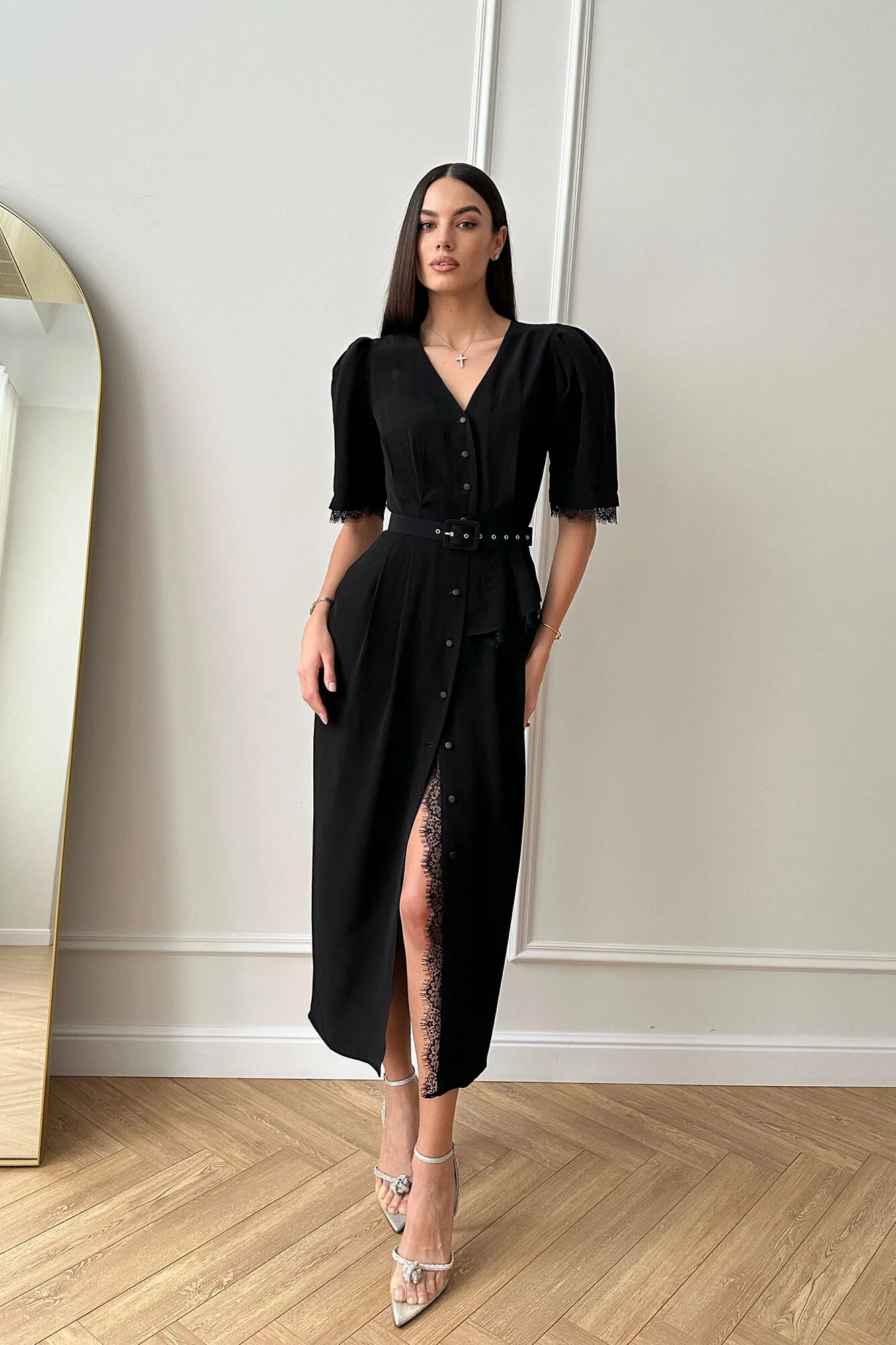 Lace Decorated Button Front Midi Dress with Belt
