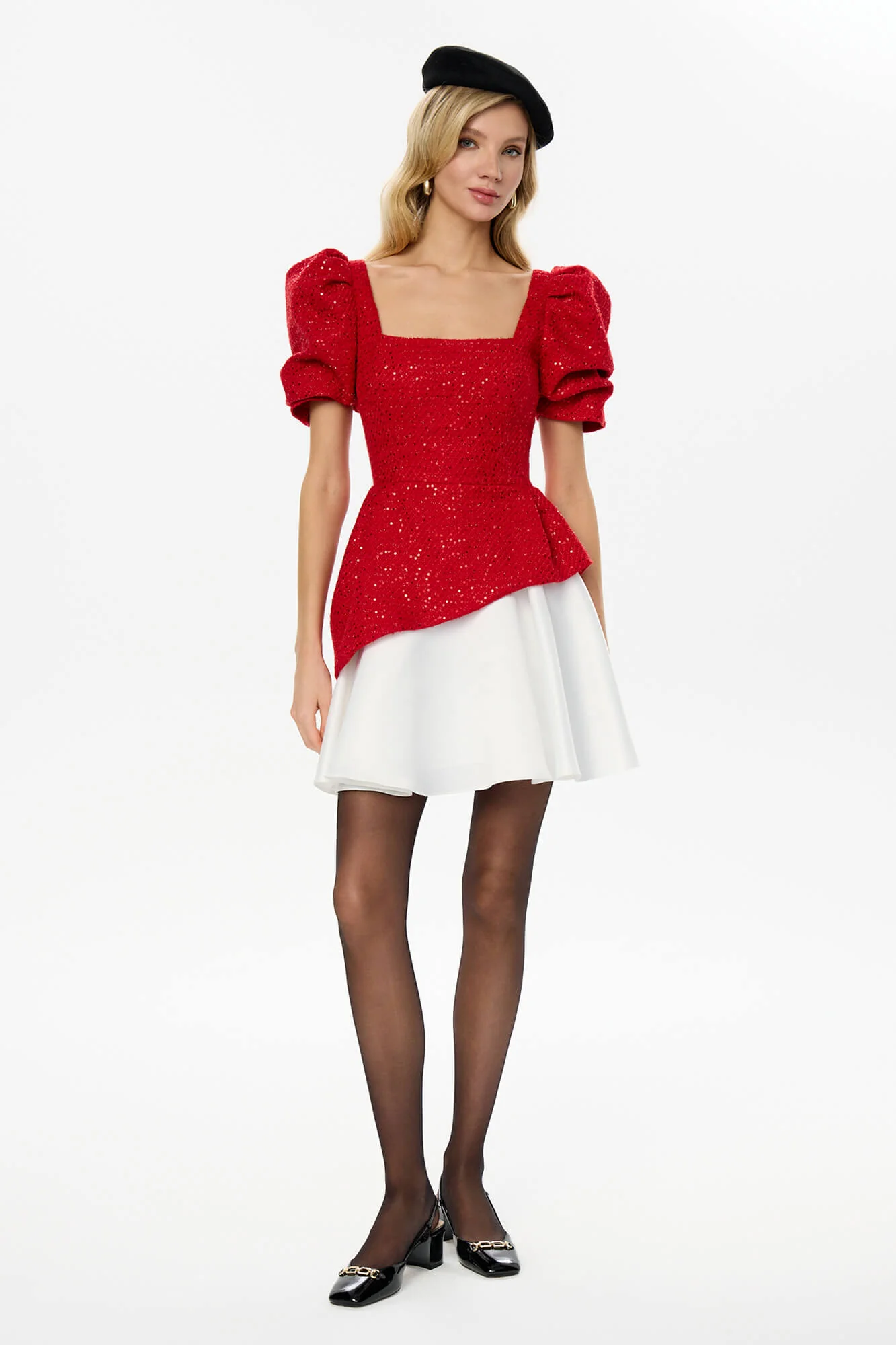 Square Neck Short Sleeve Tweed Top