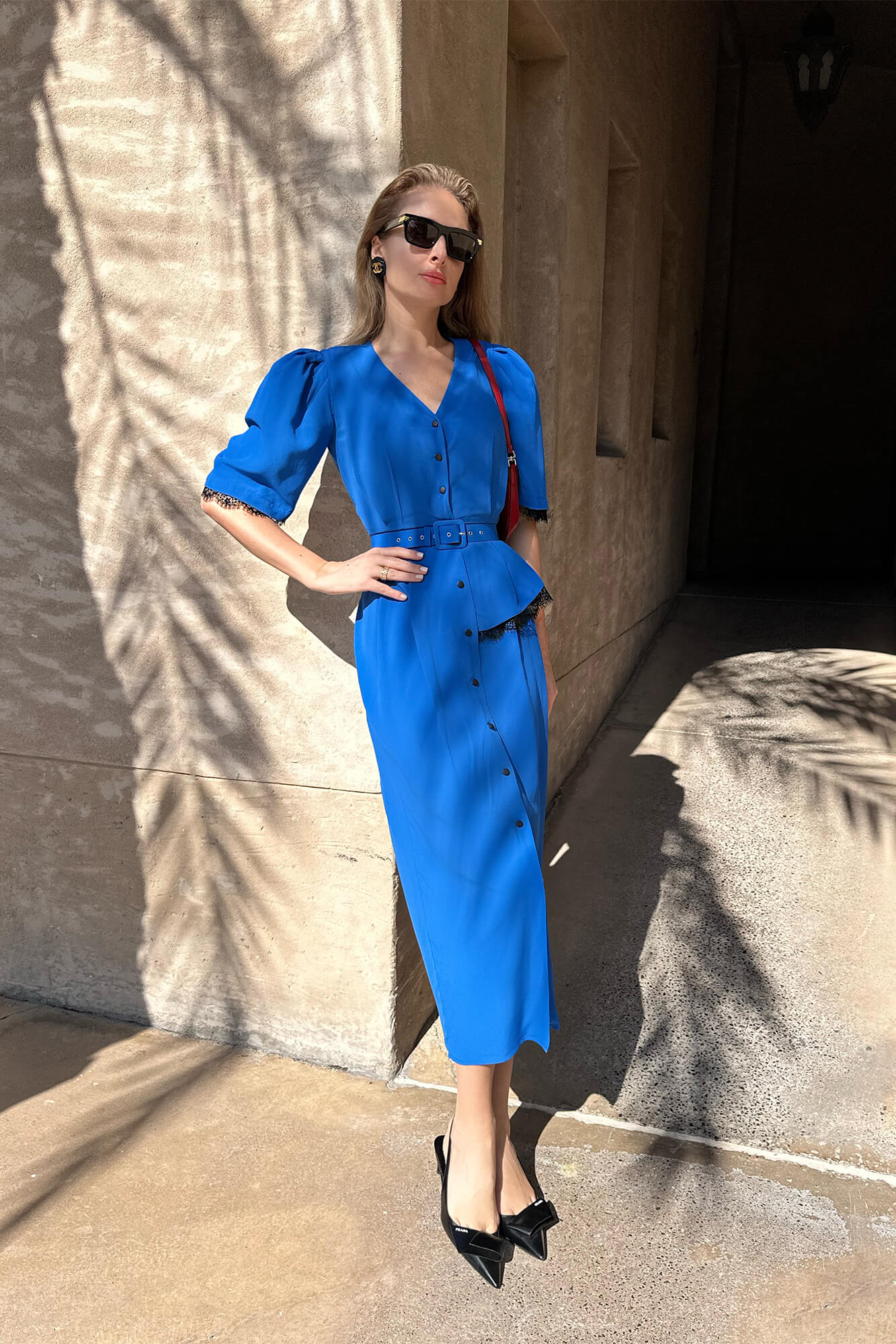 Lace Decorated Button Front Midi Dress with Belt