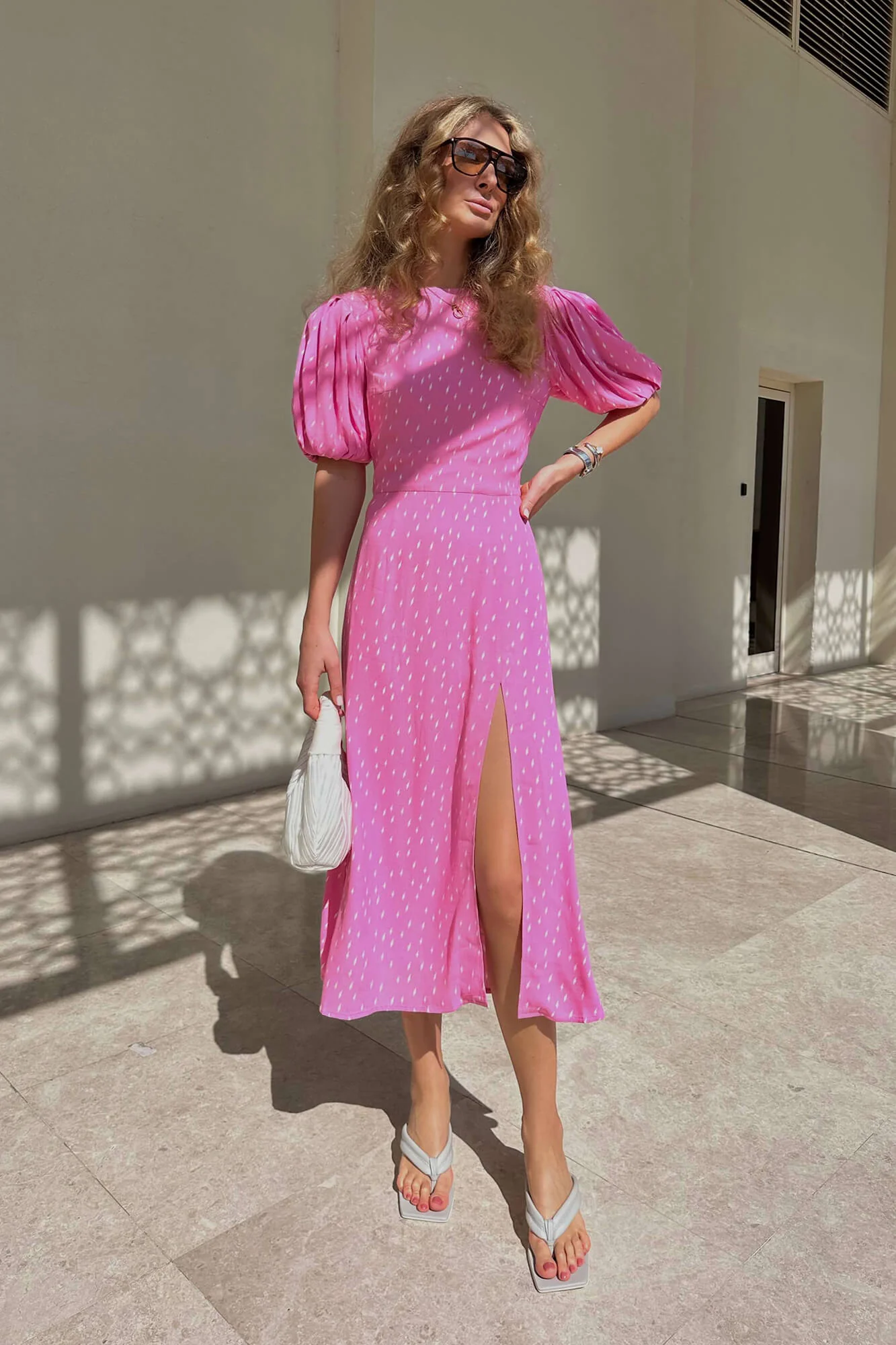 Viscose Puff Sleeve Slit Midi Dress