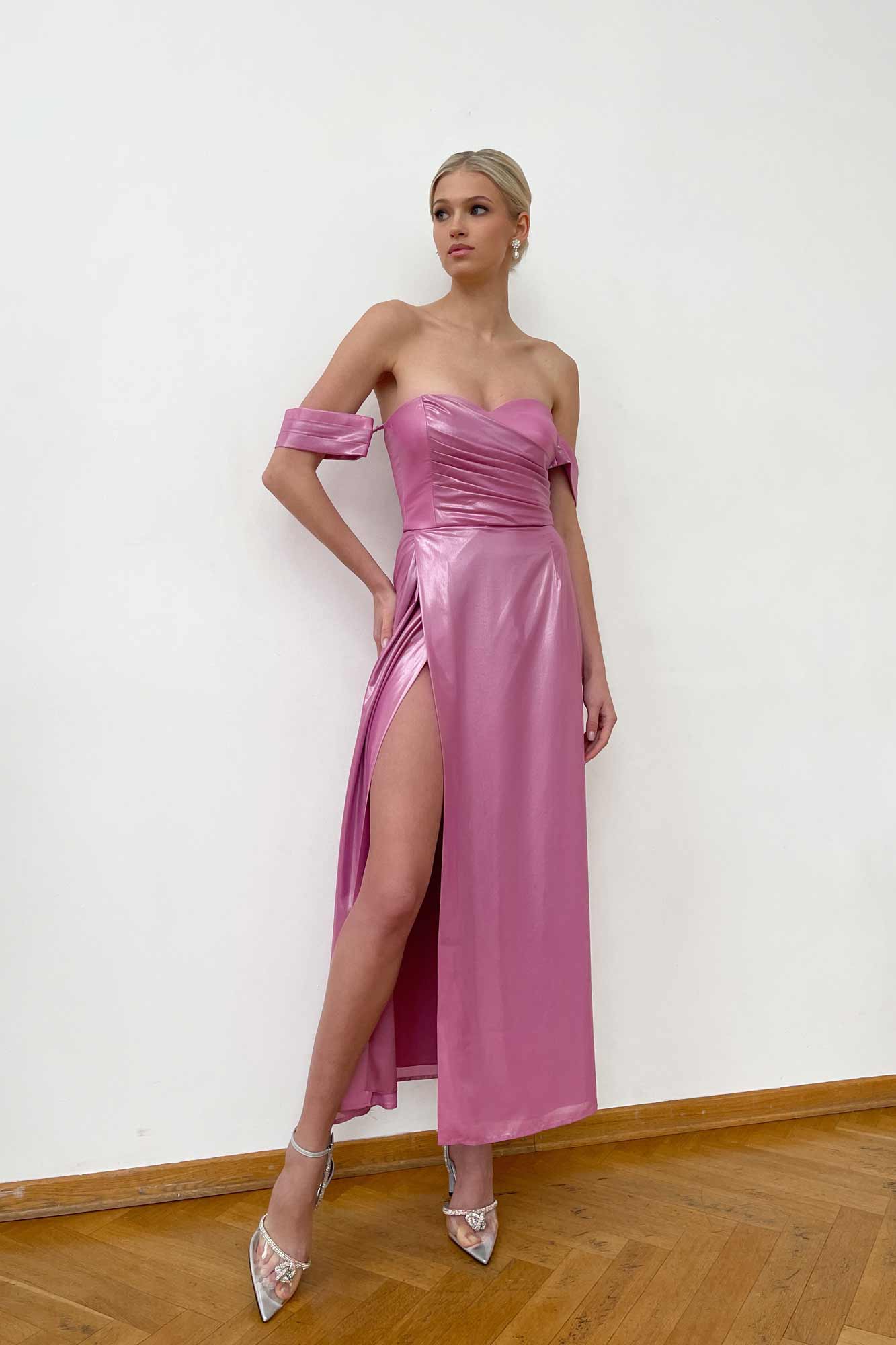 Asymmetrical Draped Back Wrap Midi Dress