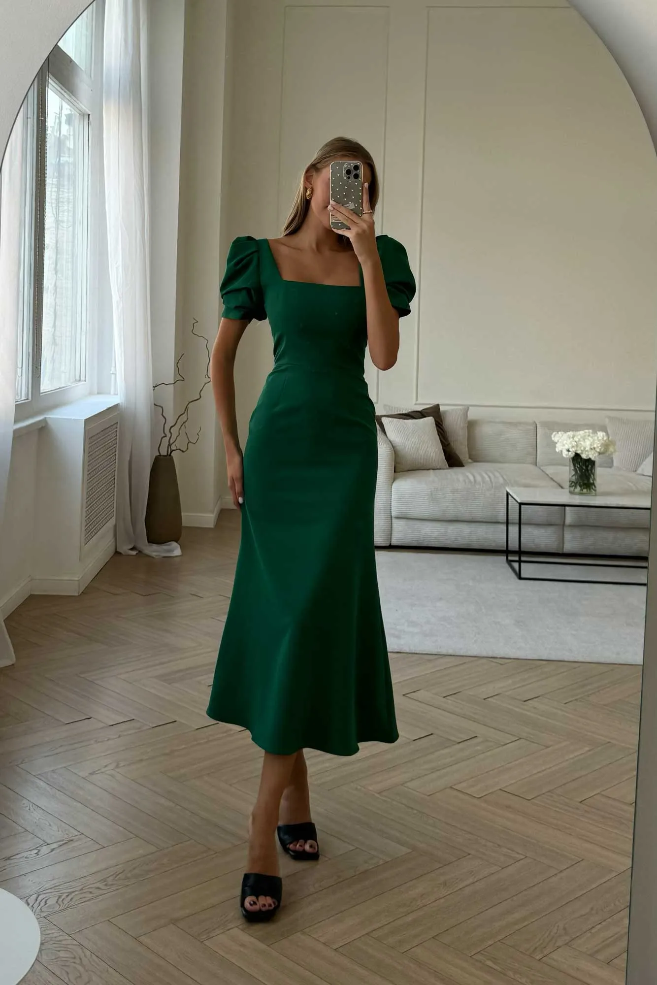 Godet Silhouette Square Neck Midi Dress