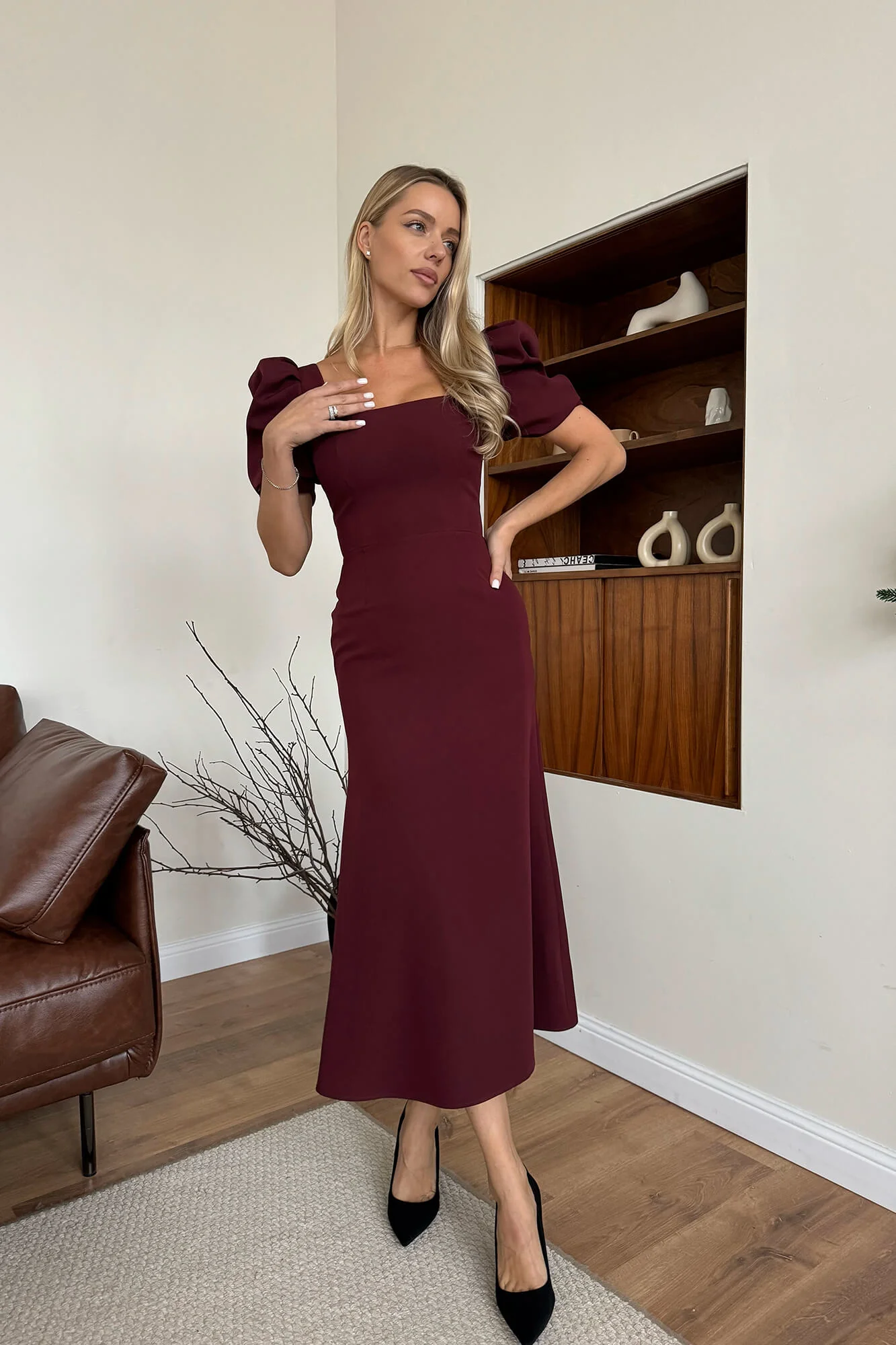 Godet Silhouette Square Neck Midi Dress