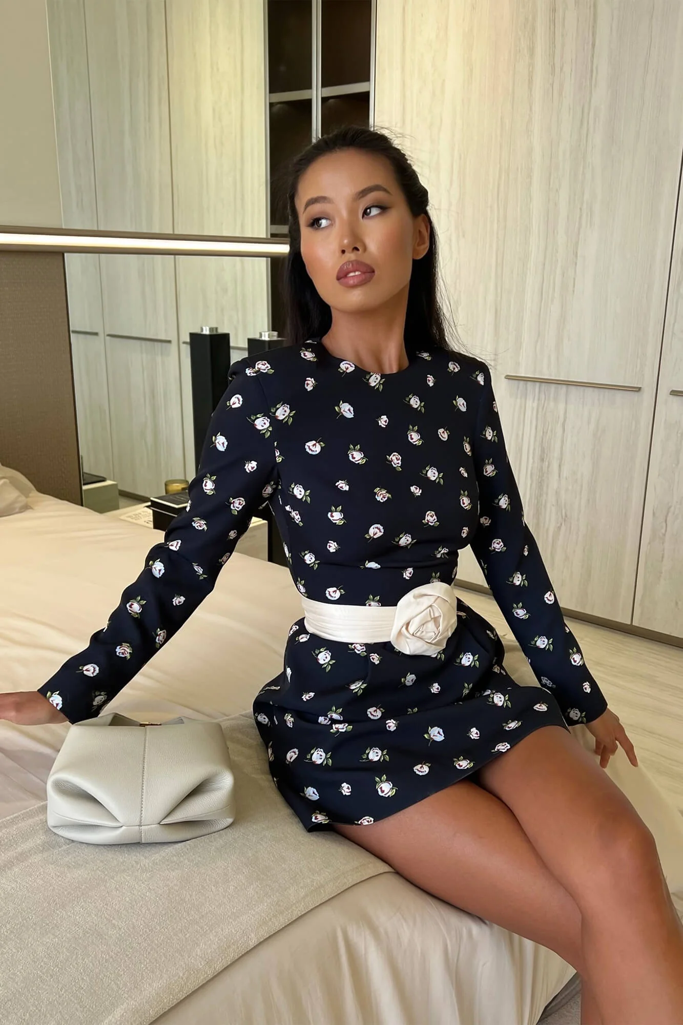 Long Sleeve Mini Dress with removable Rose belt