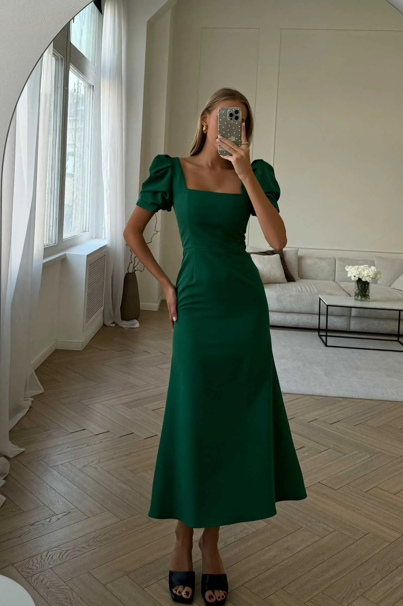 Godet Silhouette Square Neck Midi Dress