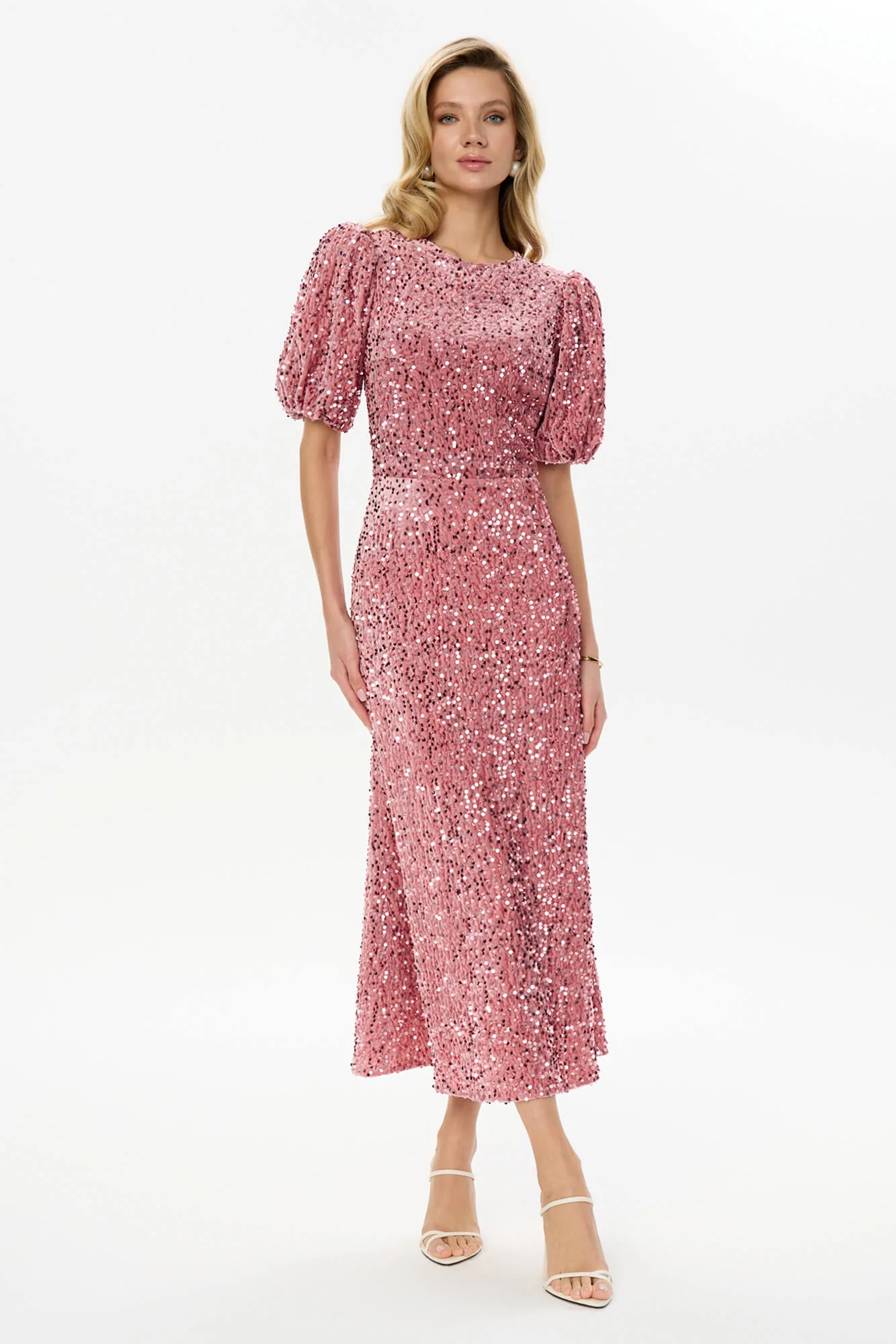 Sequin Decorated Velvet Puff Sleeve Midi Dress