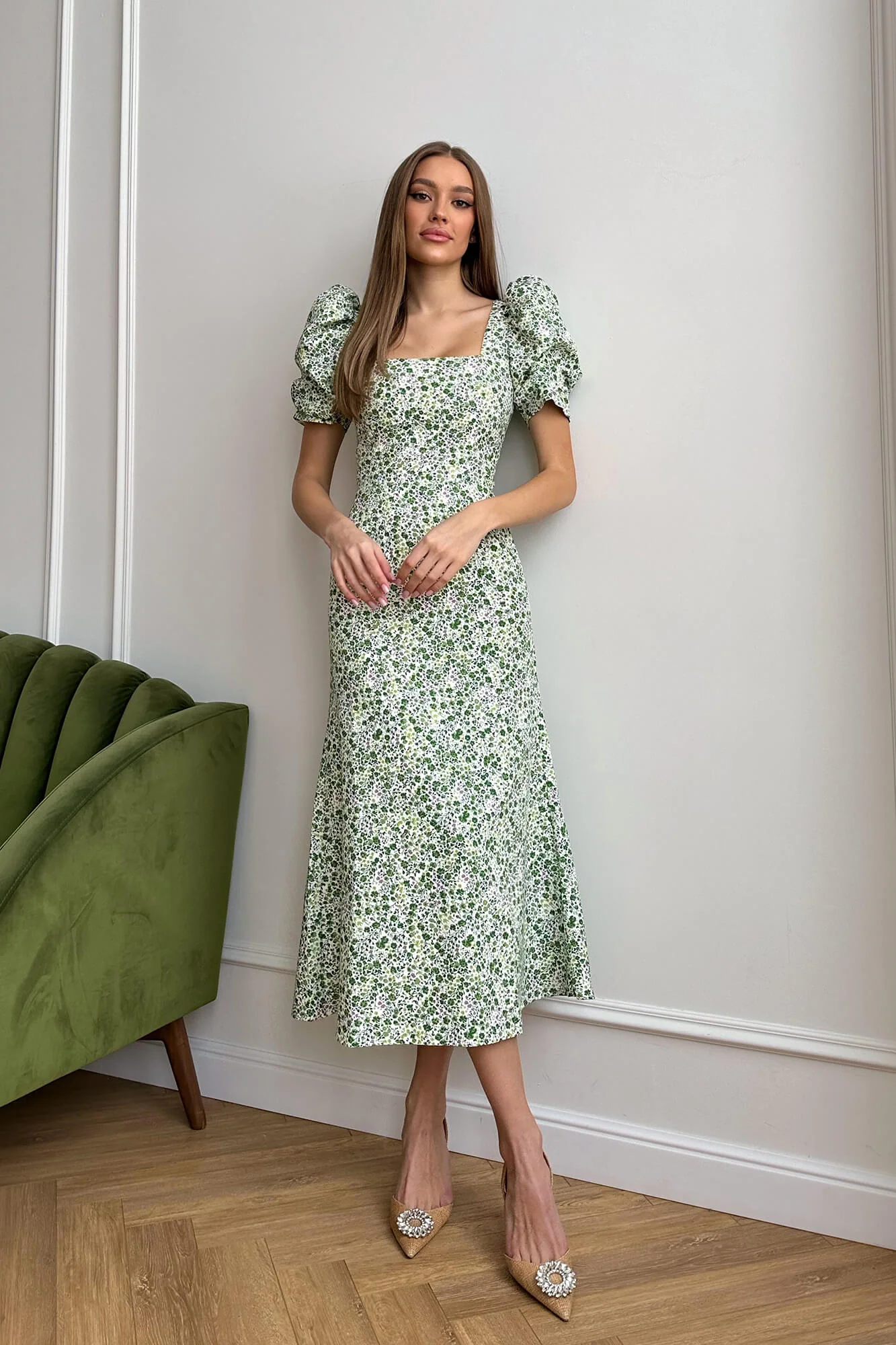 Godet Silhouette Square Neck Midi Dress