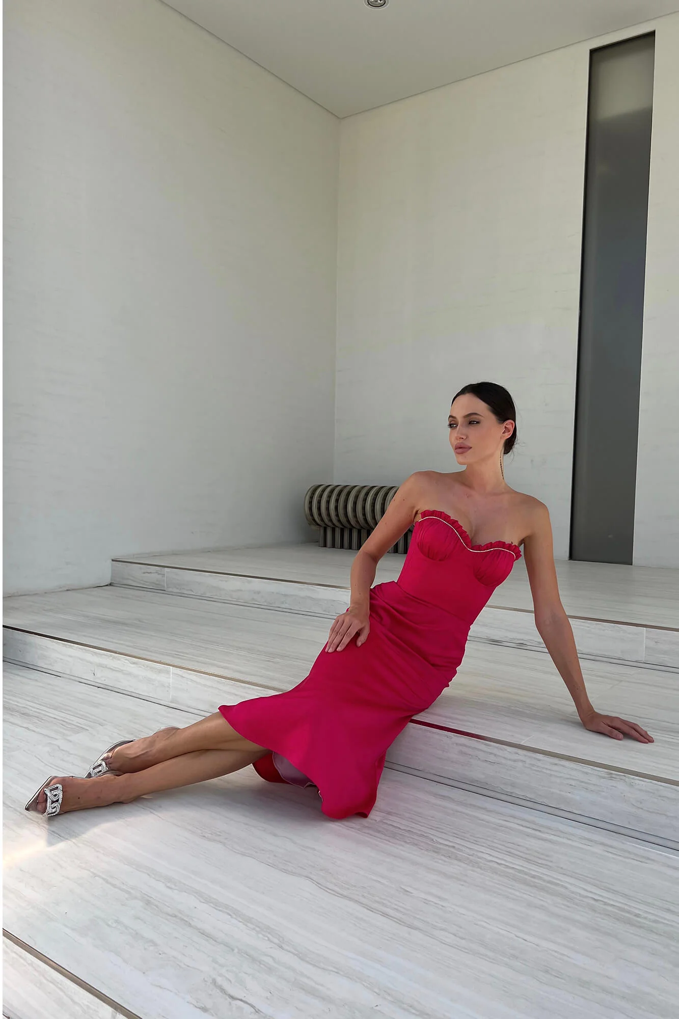 Bustier Draped Sequin Decorated Bodice Midi Dress