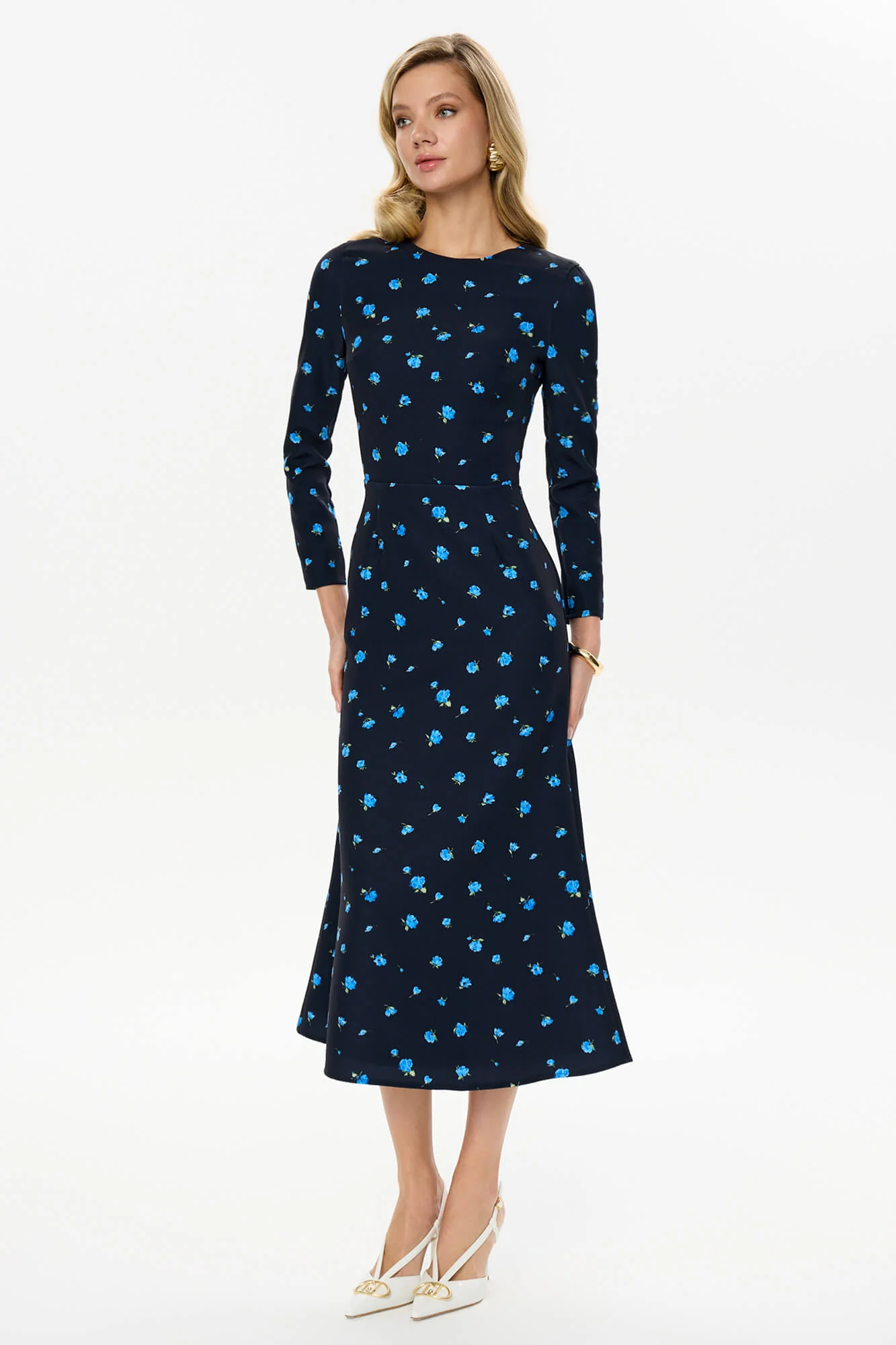 Godet Silhouette Long Sleeve Floral Midi Dress