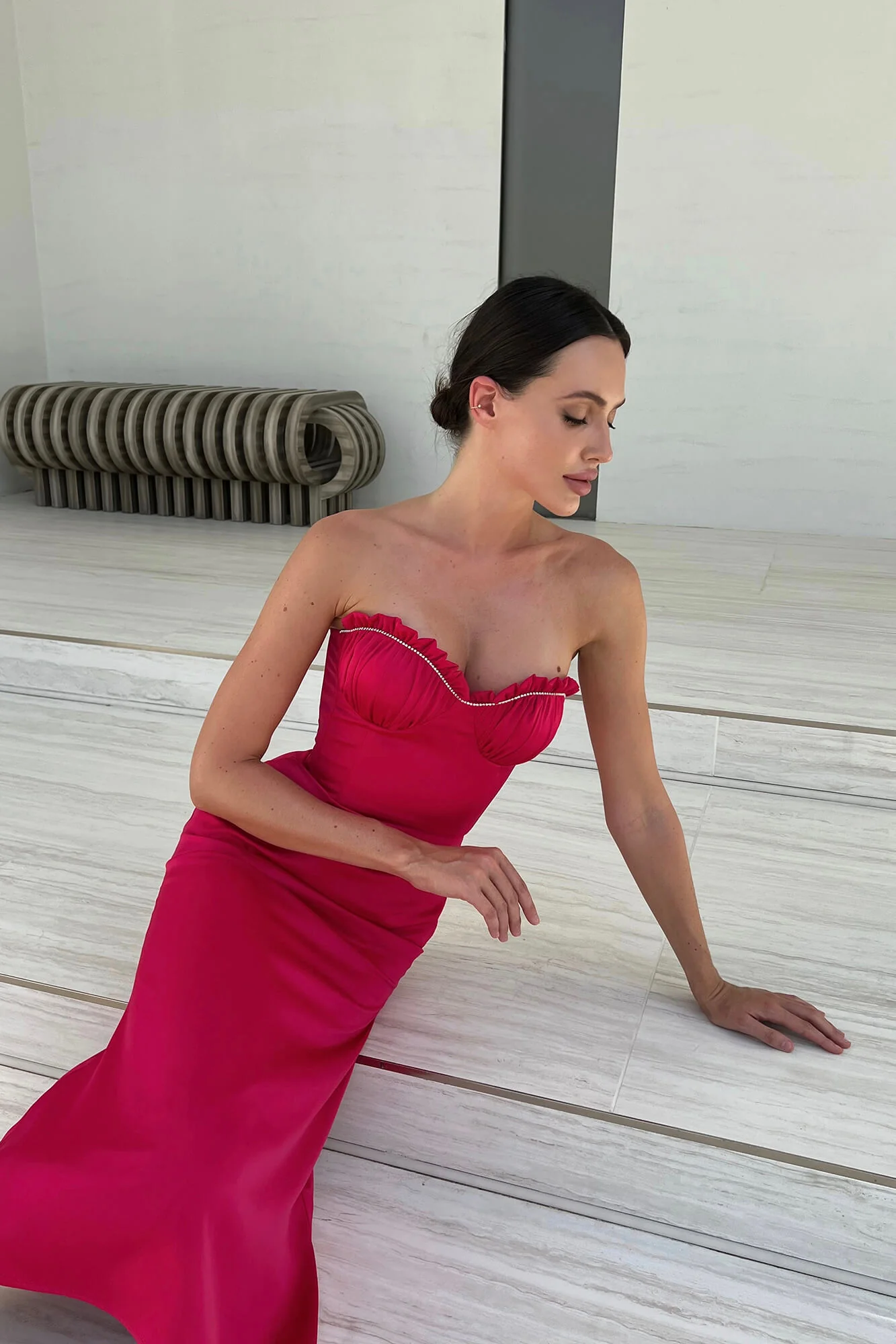 Bustier Draped Sequin Decorated Bodice Midi Dress