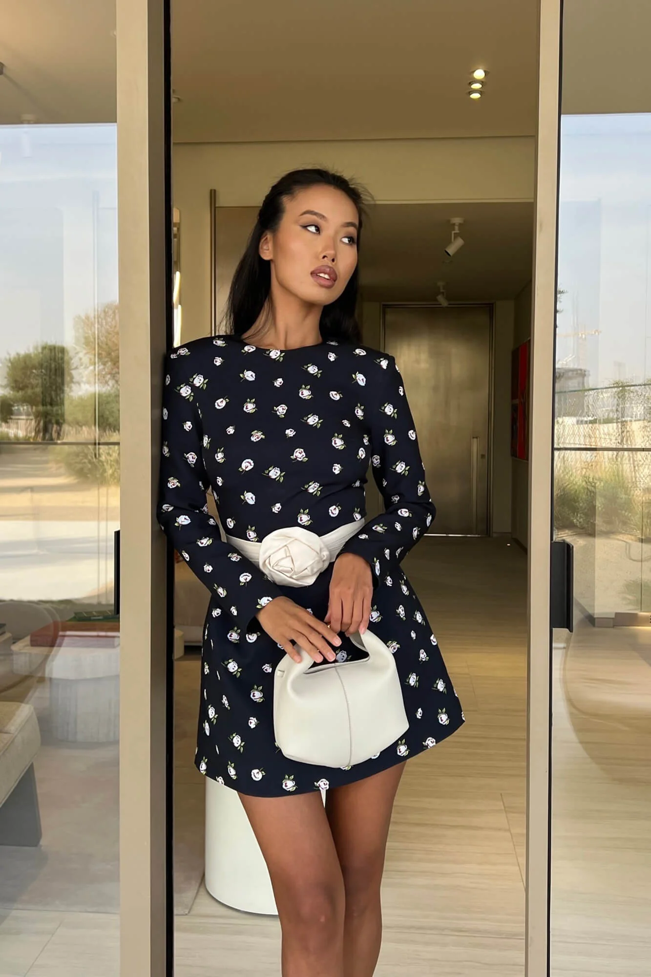 Long Sleeve Mini Dress with removable Rose belt