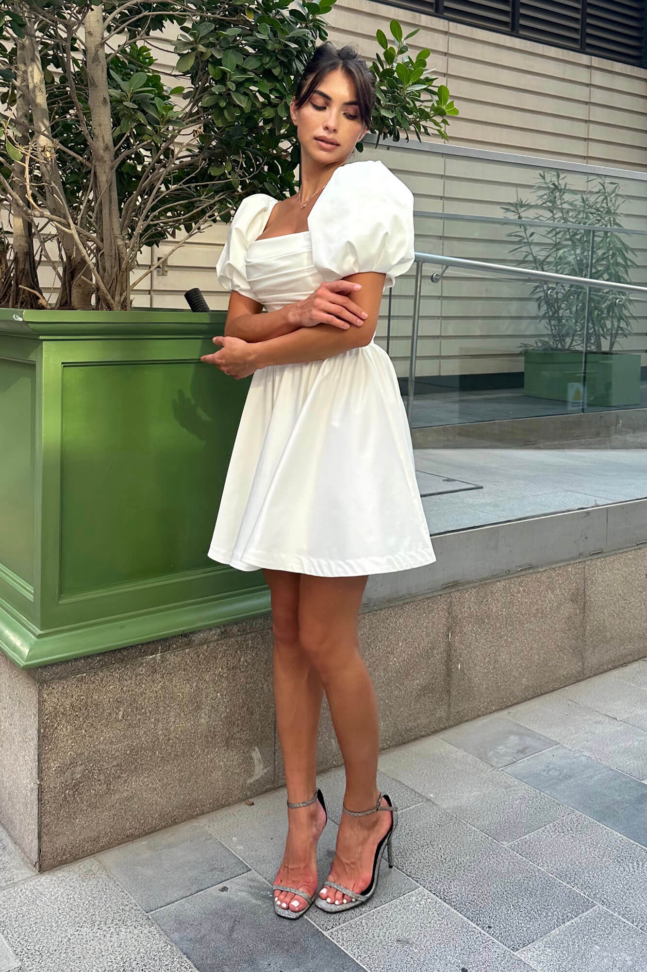 Puffy Sleeve Draped Bodice Mini Dress