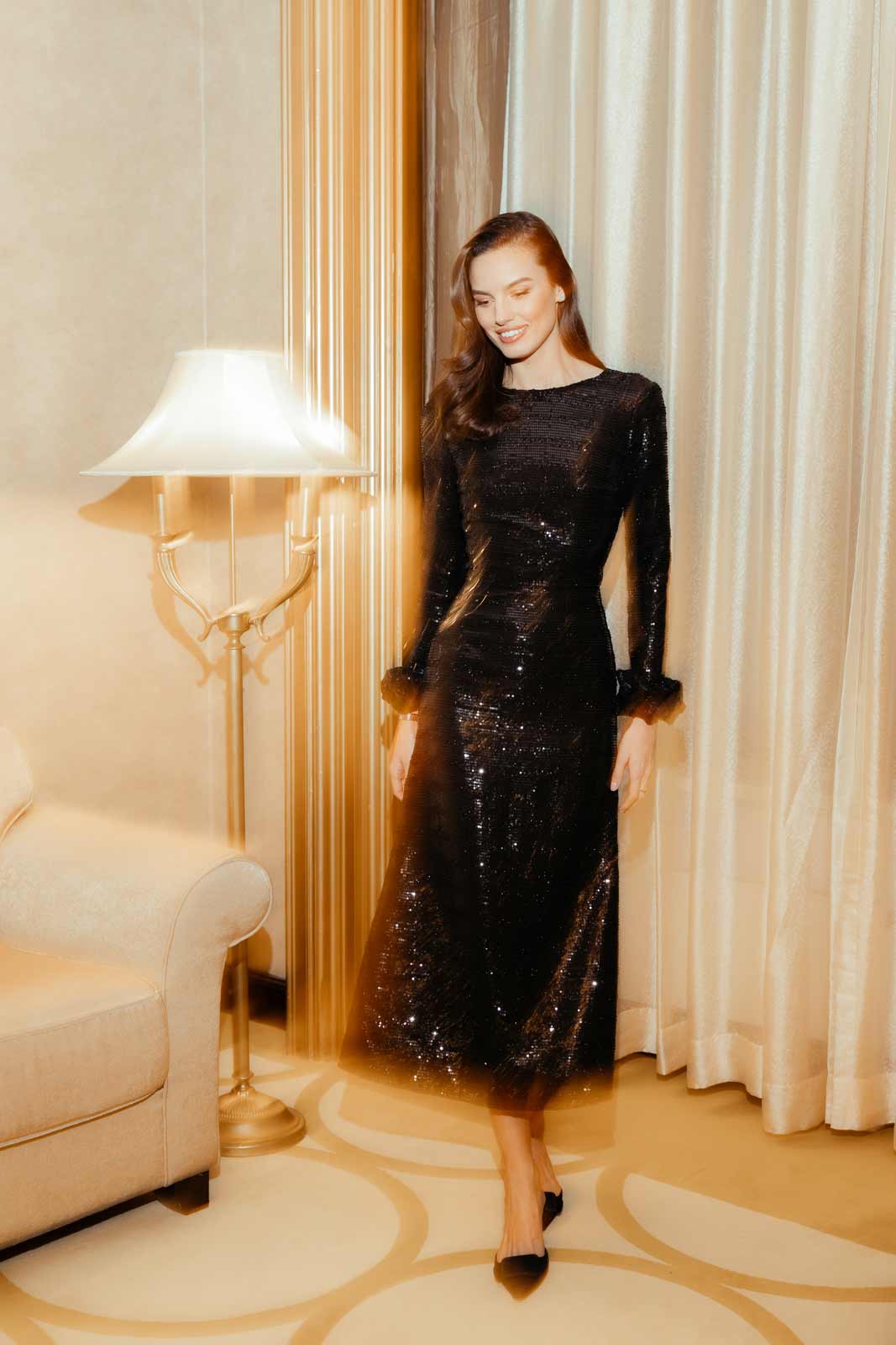 Sequin Long Sleeve Midi Dress