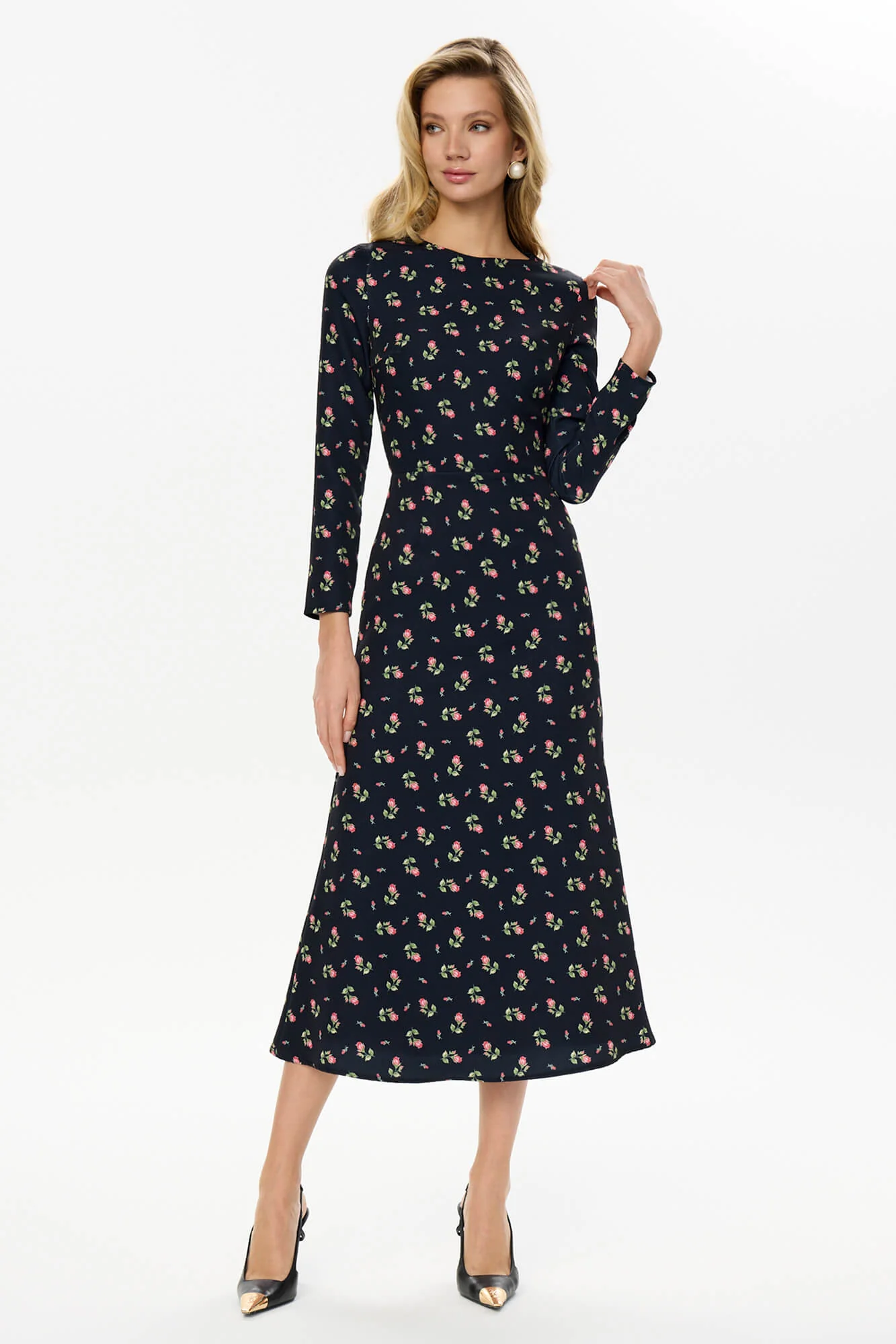 Godet Silhouette Long Sleeve Floral Midi Dress