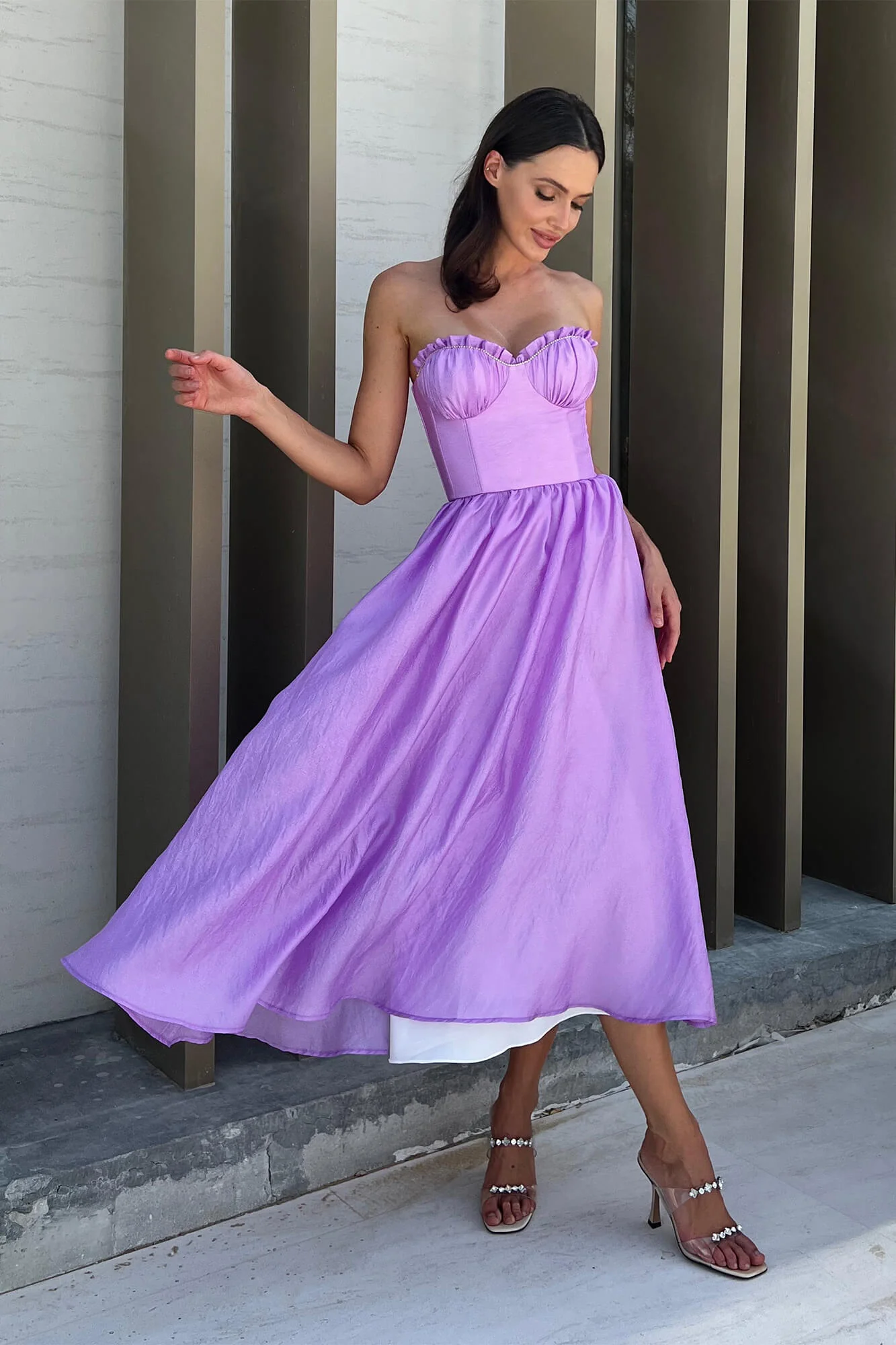 Draped Bodice Pleated Midi Dress