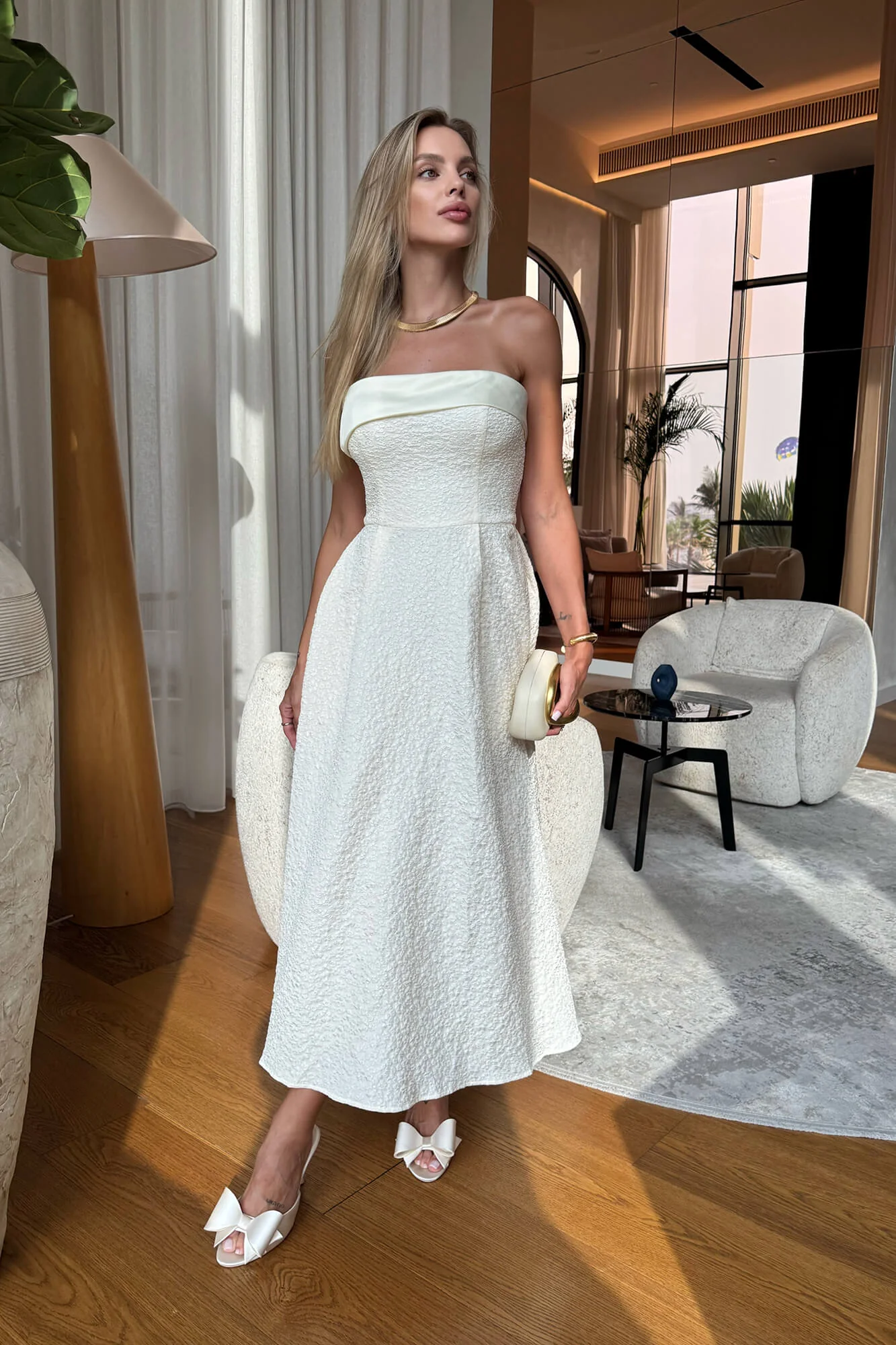 Jacquard Midi Dress with Satin Turn-up