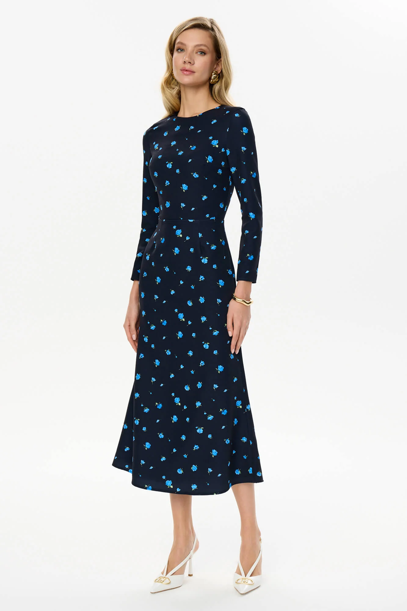 Godet Silhouette Long Sleeve Floral Midi Dress