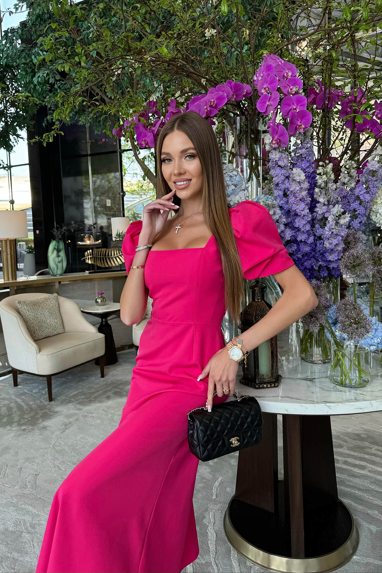 Godet Silhouette Square Neck Midi Dress