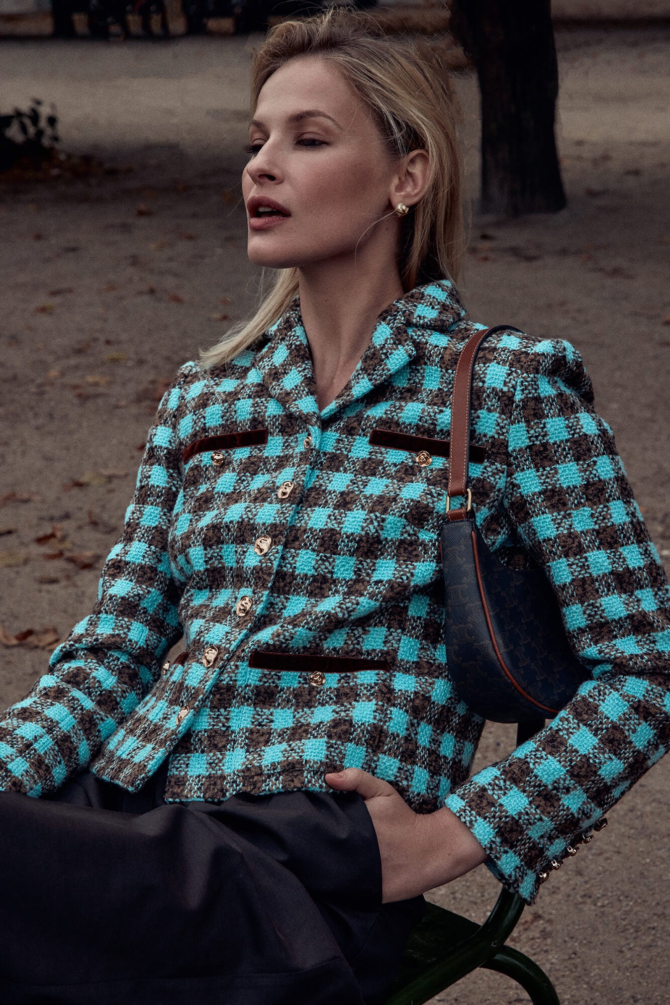 Single Breasted Velvet Trim Plaid Jacket
