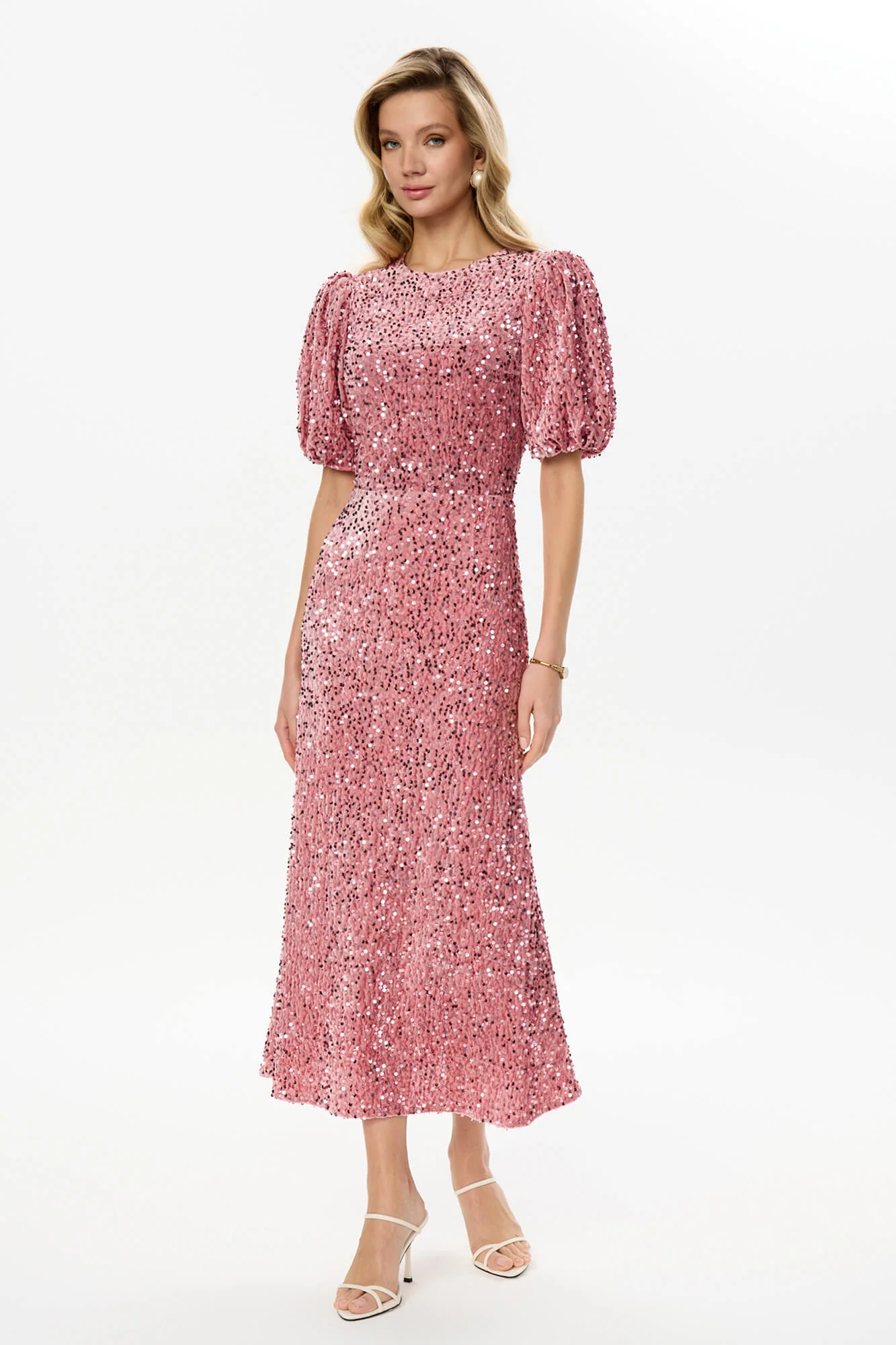 Sequin Decorated Velvet Puff Sleeve Midi Dress