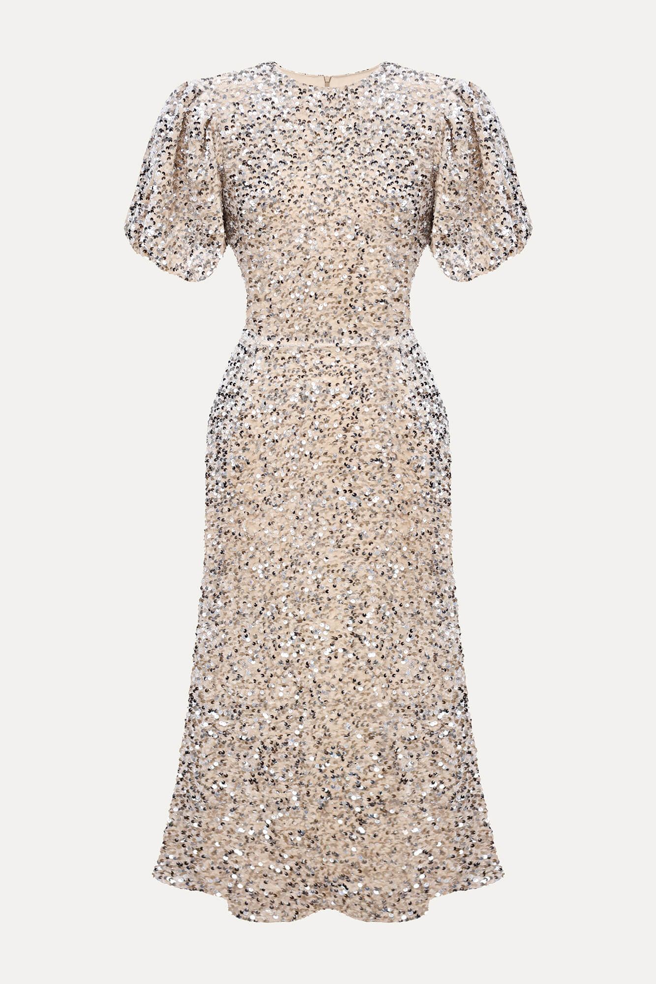 Sequin Decorated Velvet Puff Sleeve Midi Dress