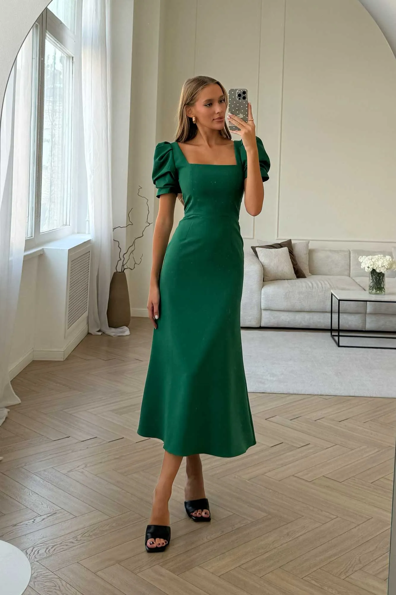 Godet Silhouette Square Neck Midi Dress