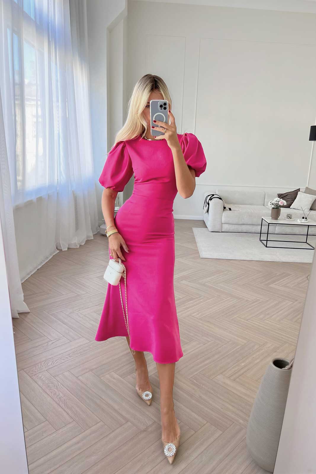 Godet Silhouette Puff Sleeve Midi Dress
