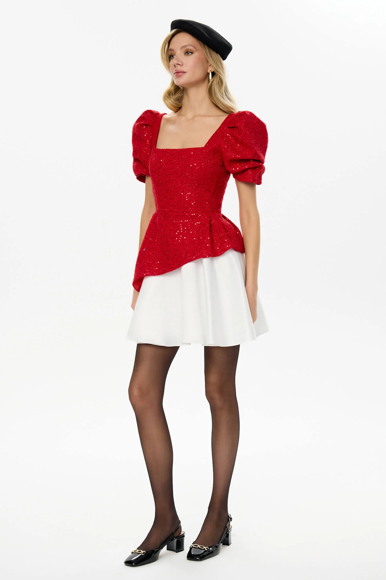 Square Neck Short Sleeve Tweed Top