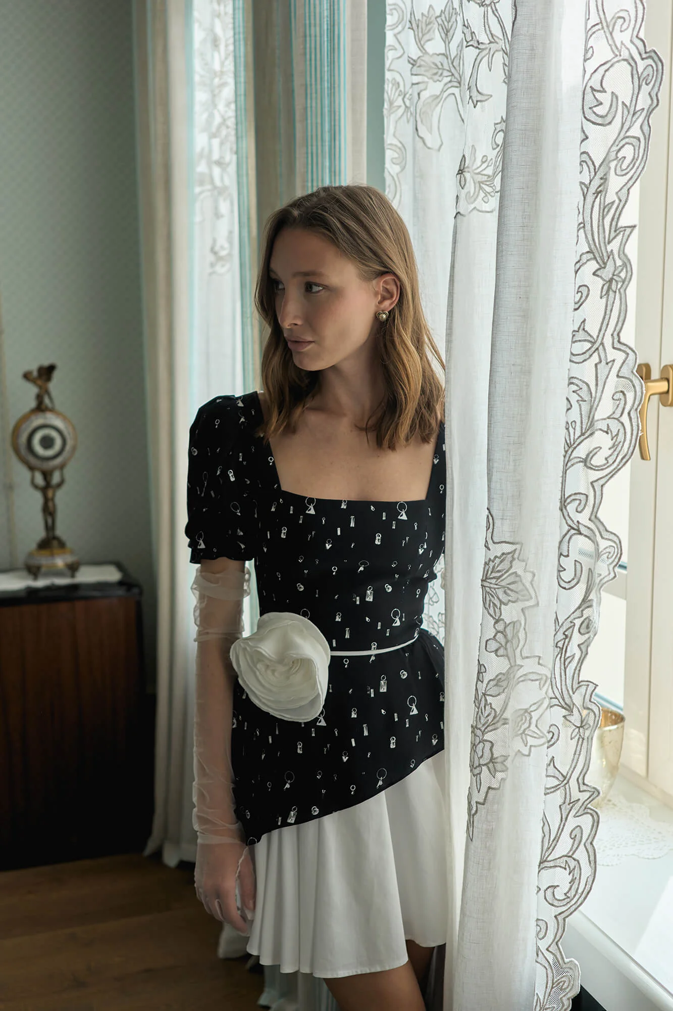 Square Neckline Mini Dress with Rose Belt