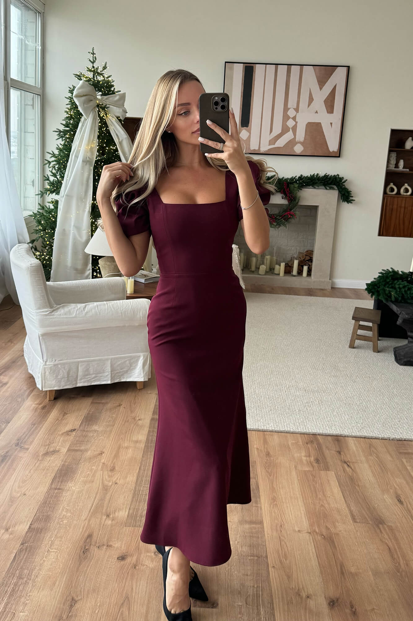 Godet Silhouette Square Neck Midi Dress