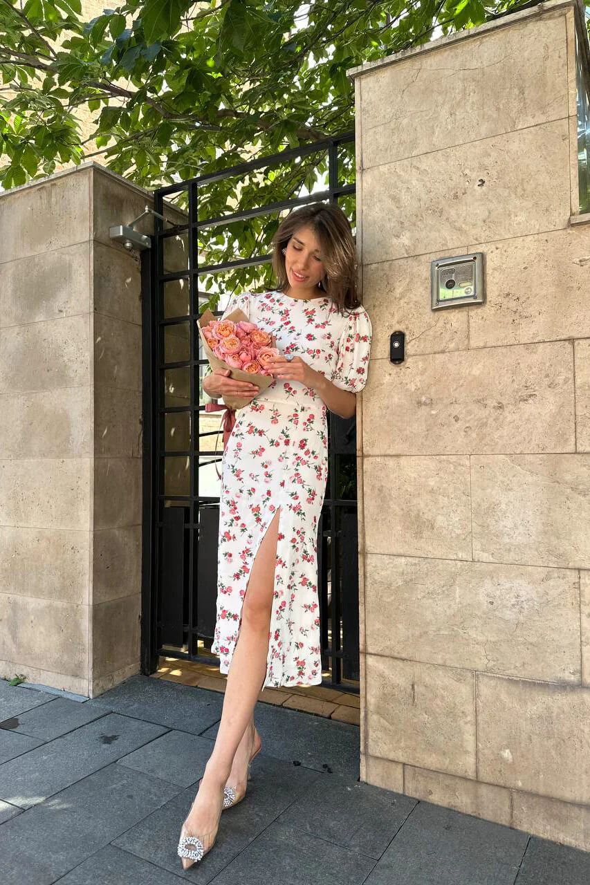 Viscose Puff Sleeve Slit Midi Dress