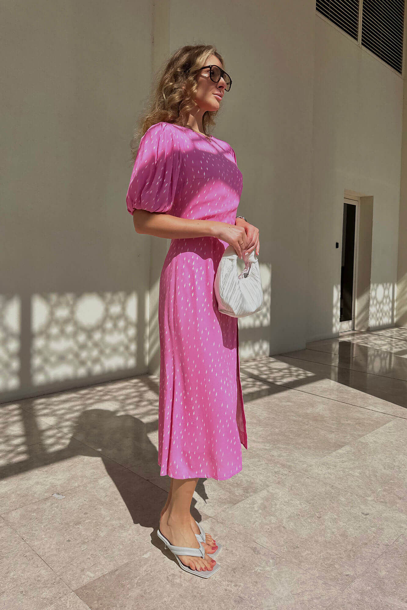 Viscose Puff Sleeve Slit Midi Dress