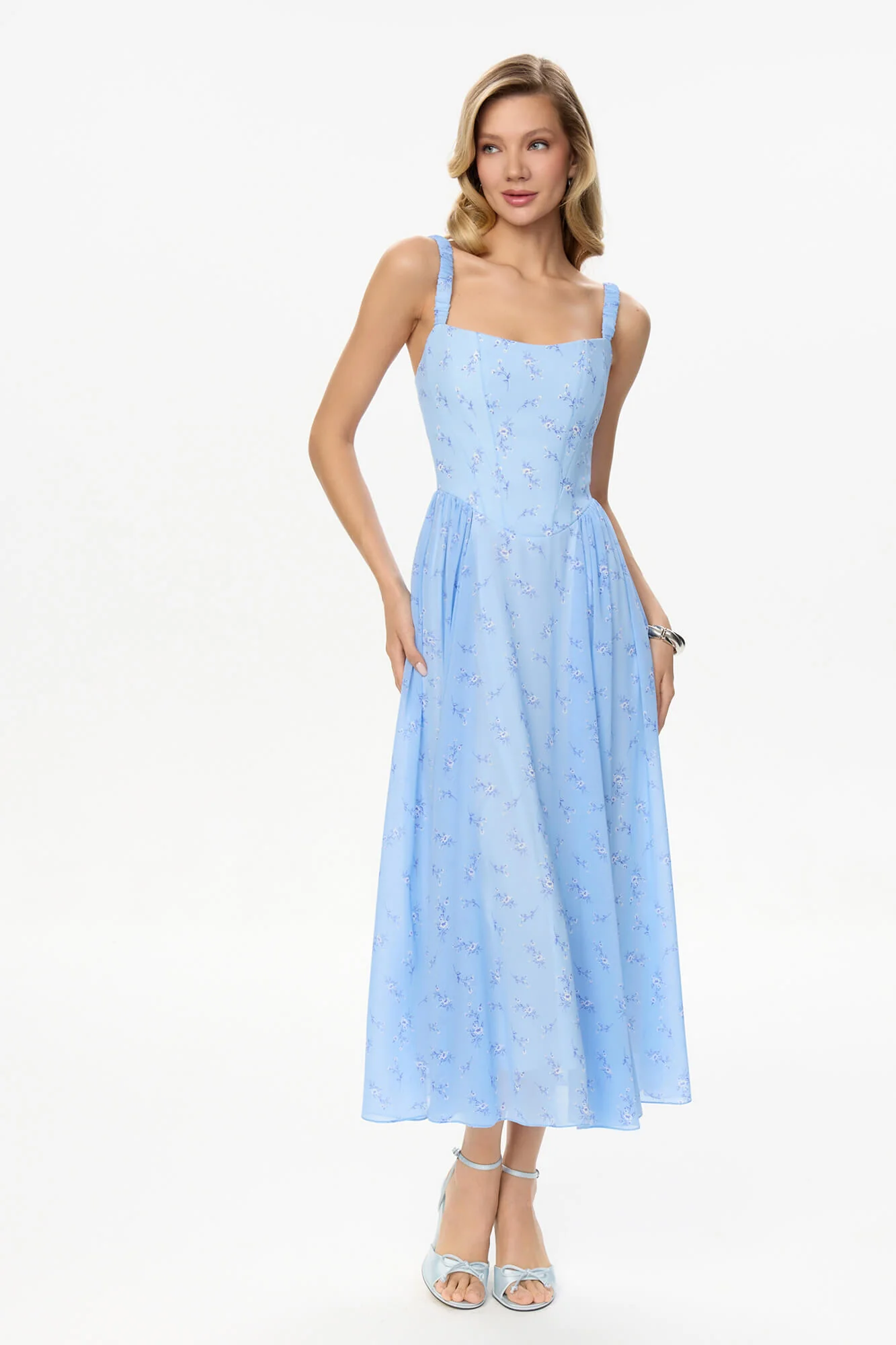 Strap Midi Dress with Corset-Style Bodice