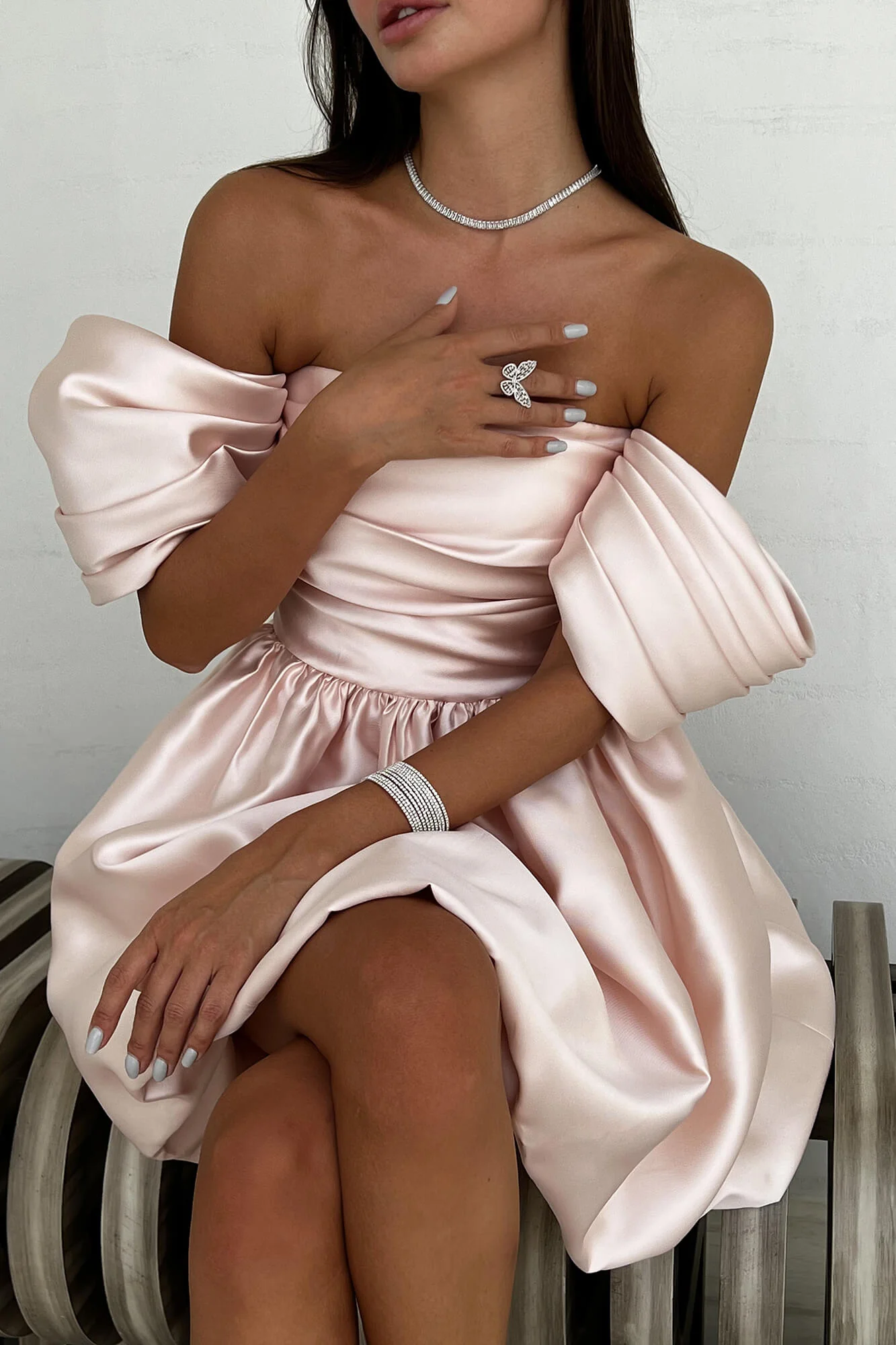 Draped Bodice Puffy Skirt Mini Dress