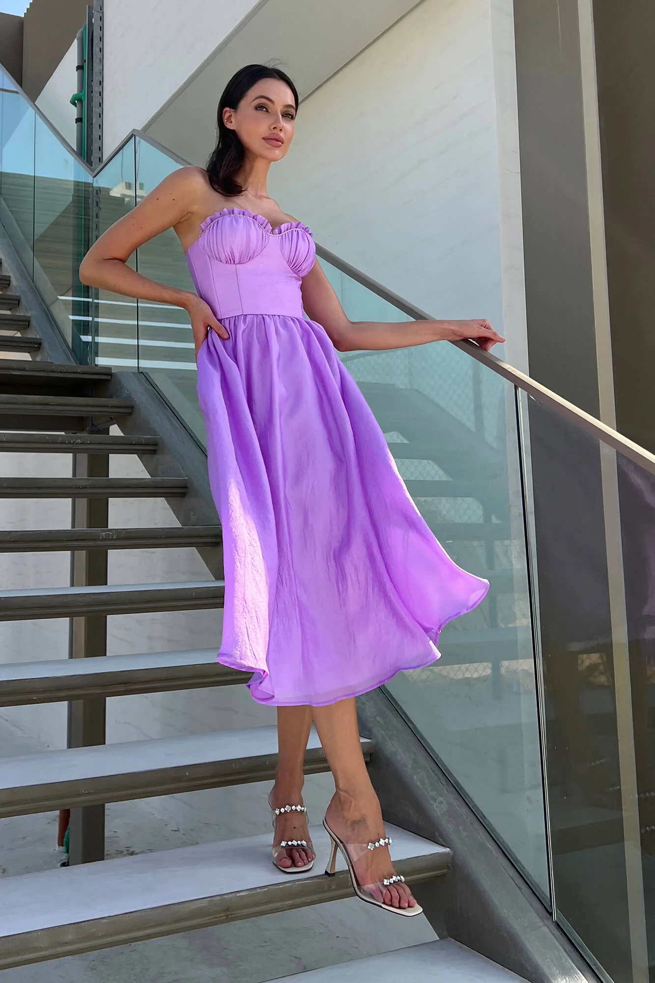 Draped Bodice Pleated Midi Dress