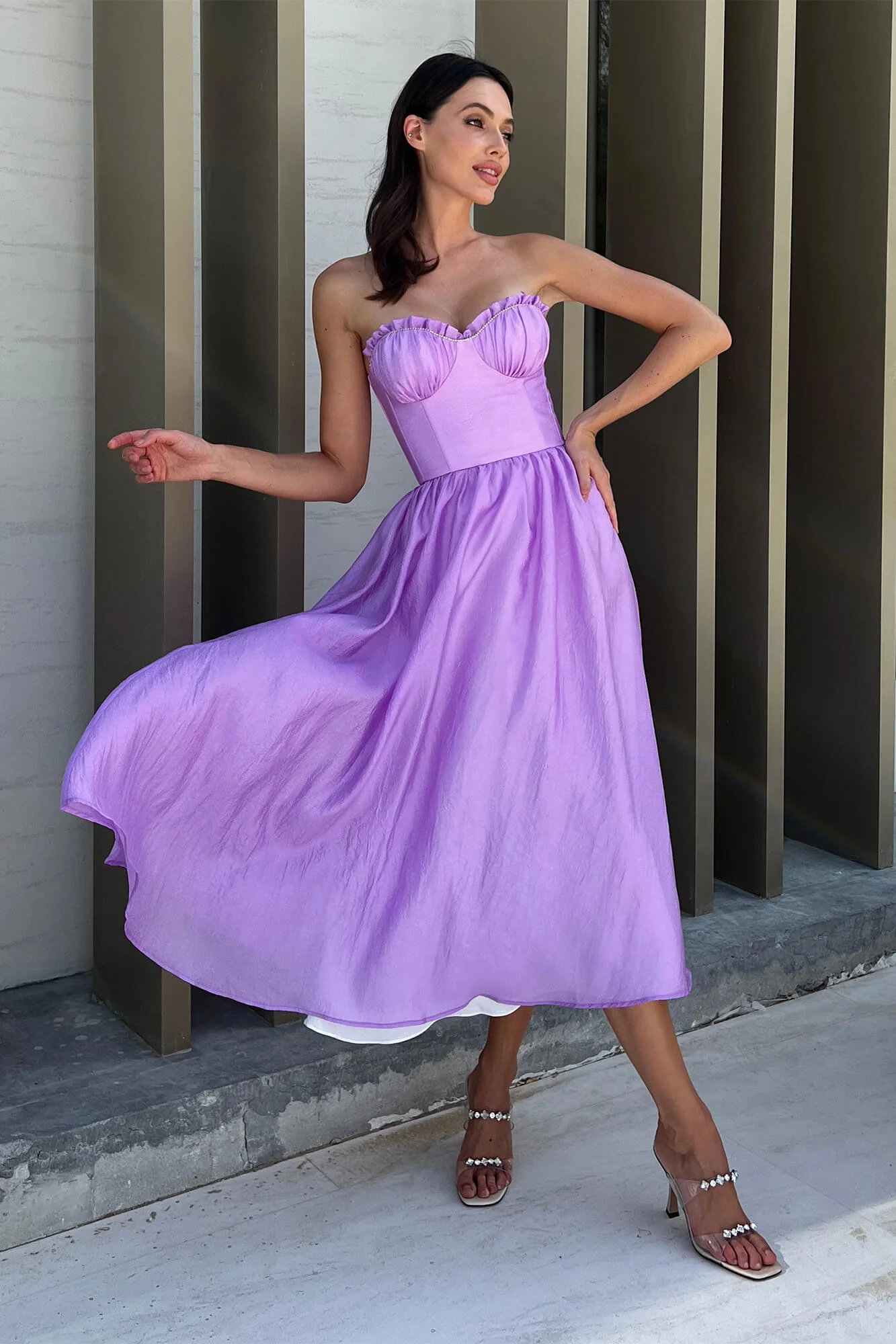 Draped Bodice Pleated Midi Dress