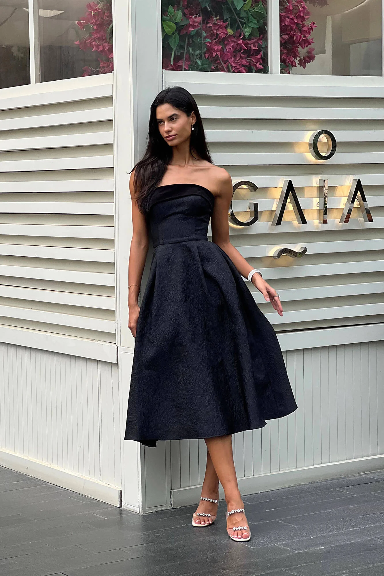 Jacquard Midi Dress with Velvet Turn-up