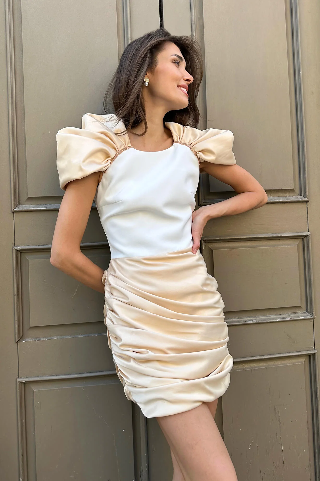 Draped Skirt Mini Dress with Sleeves
