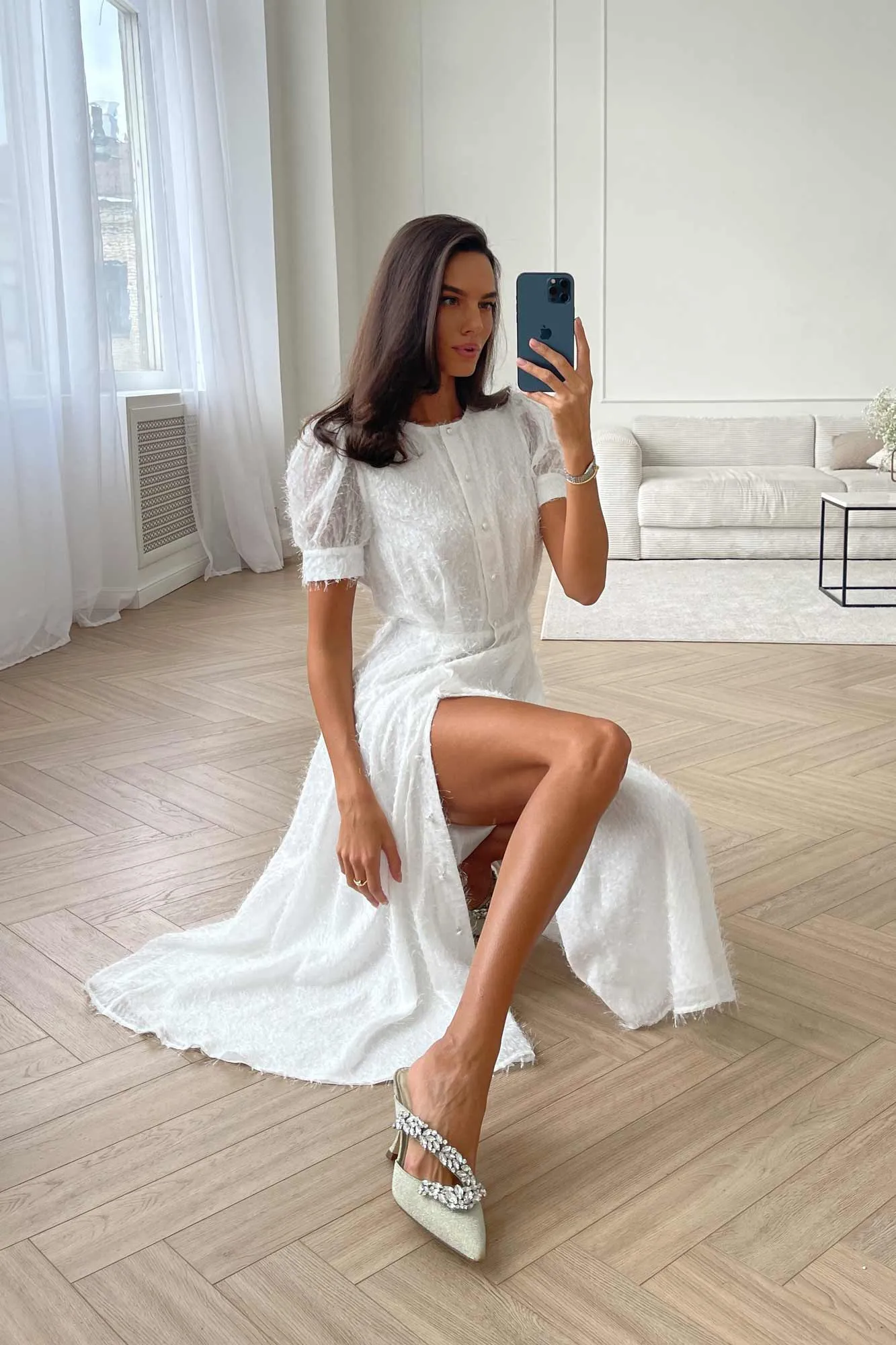 Sequin Button Front Midi Dress