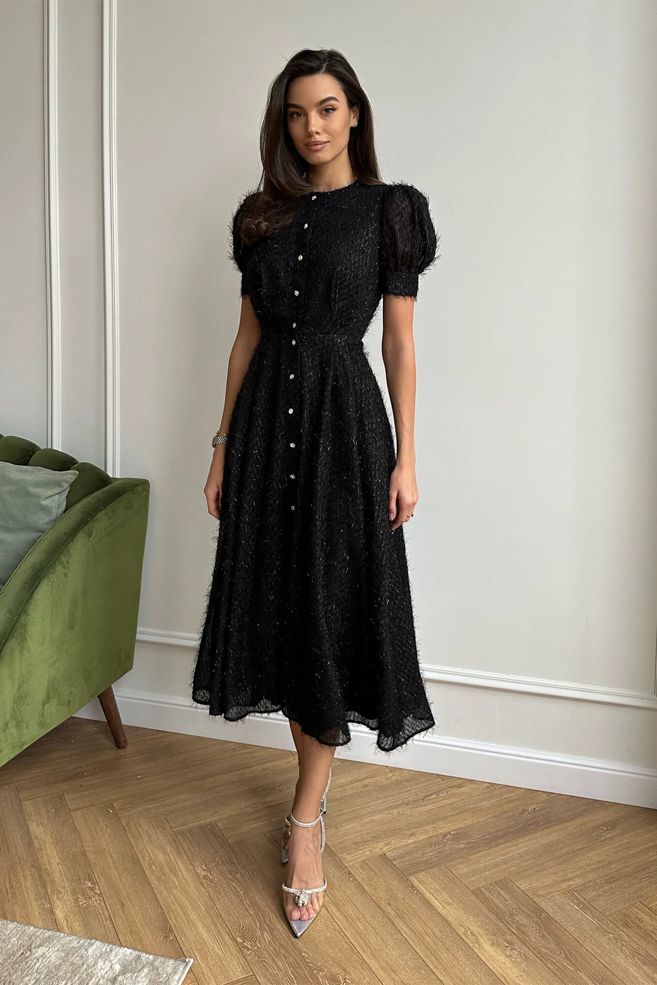 Sequin Button Front Midi Dress