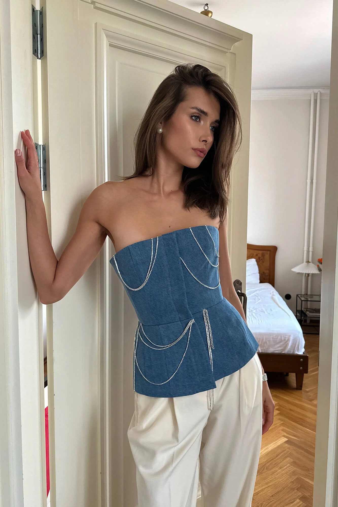 Denim Decorated Button Front Top