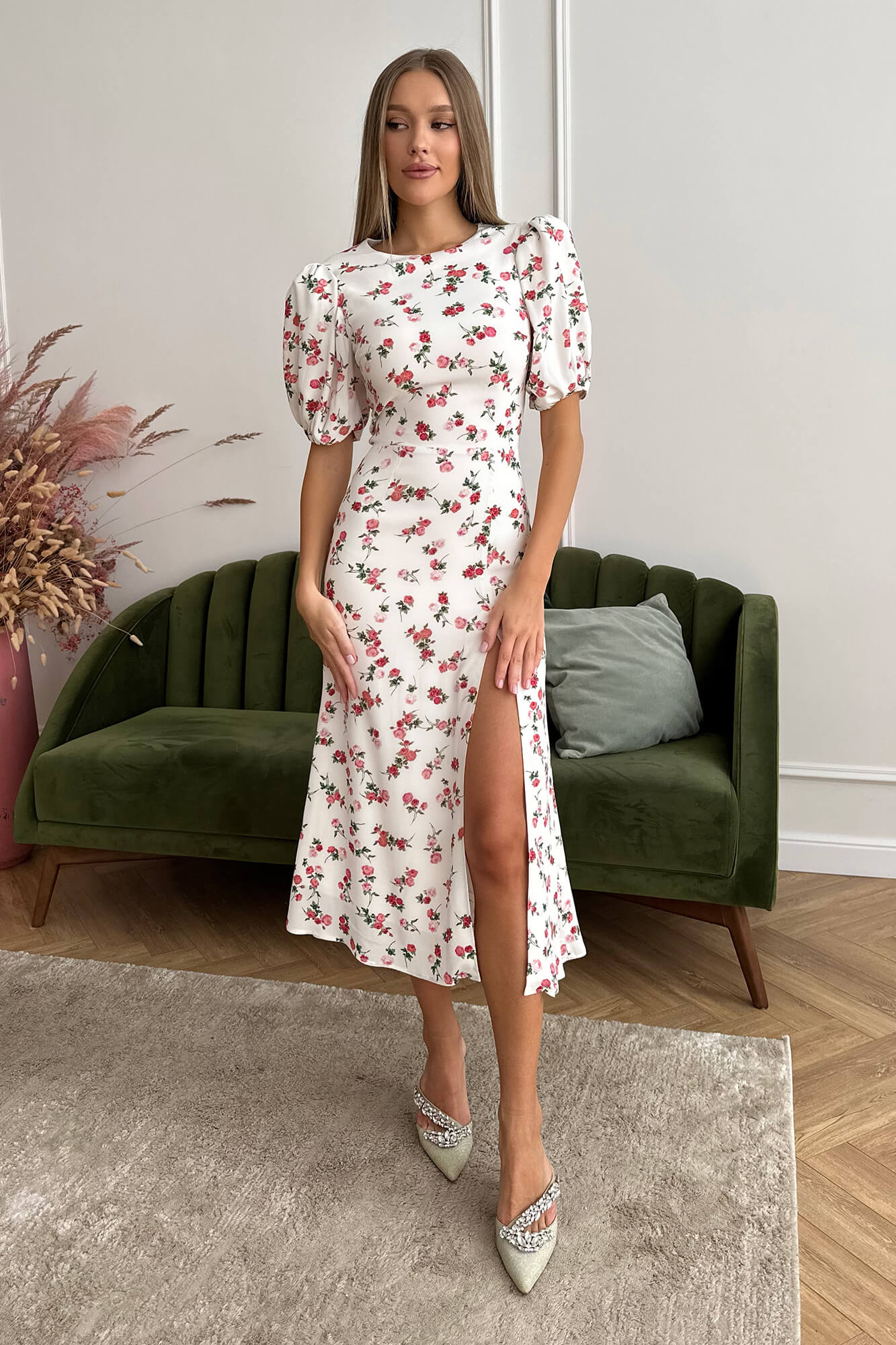 Viscose Puff Sleeve Slit Midi Dress