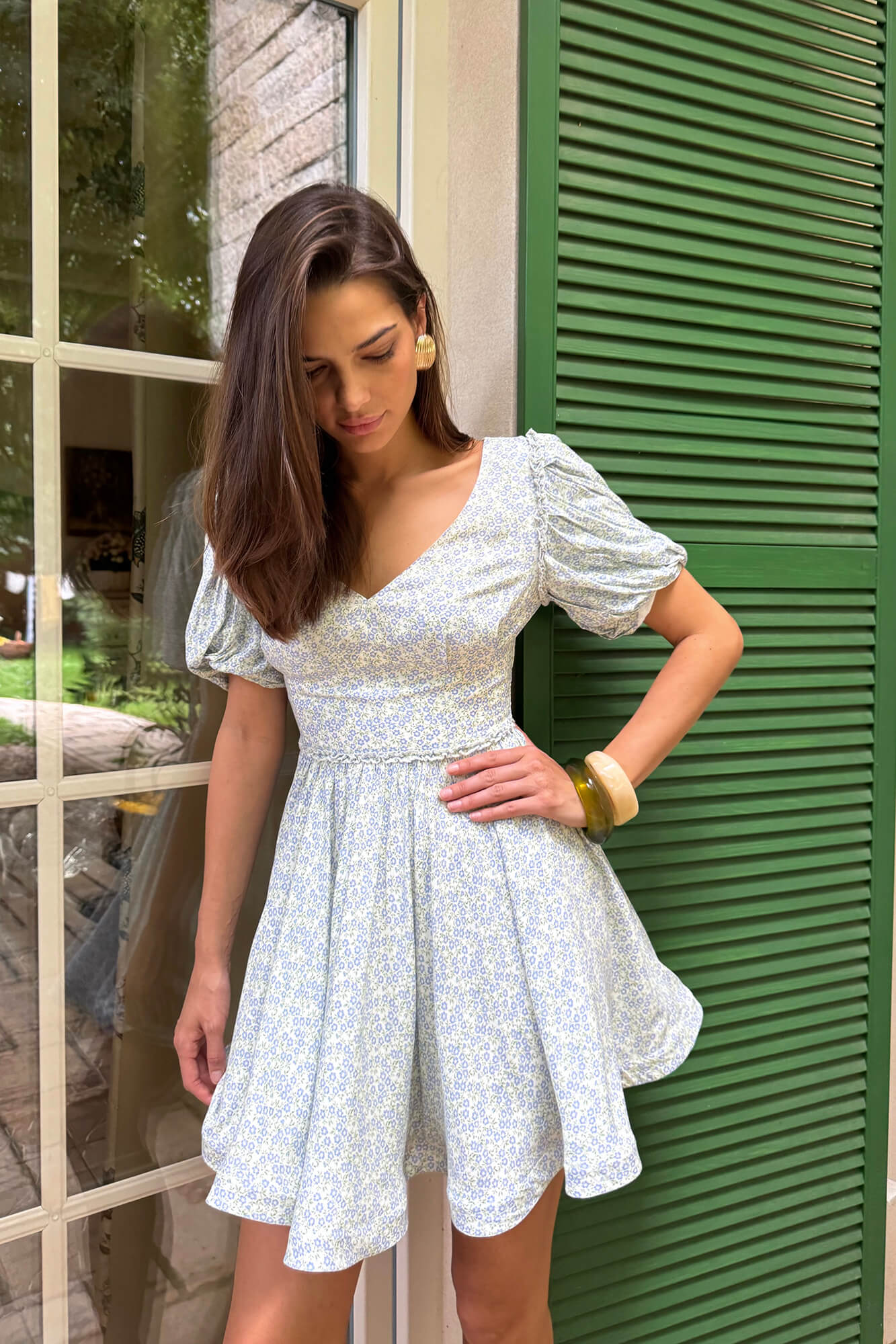 Pleated Sleeve Full Skirt Mini Dress