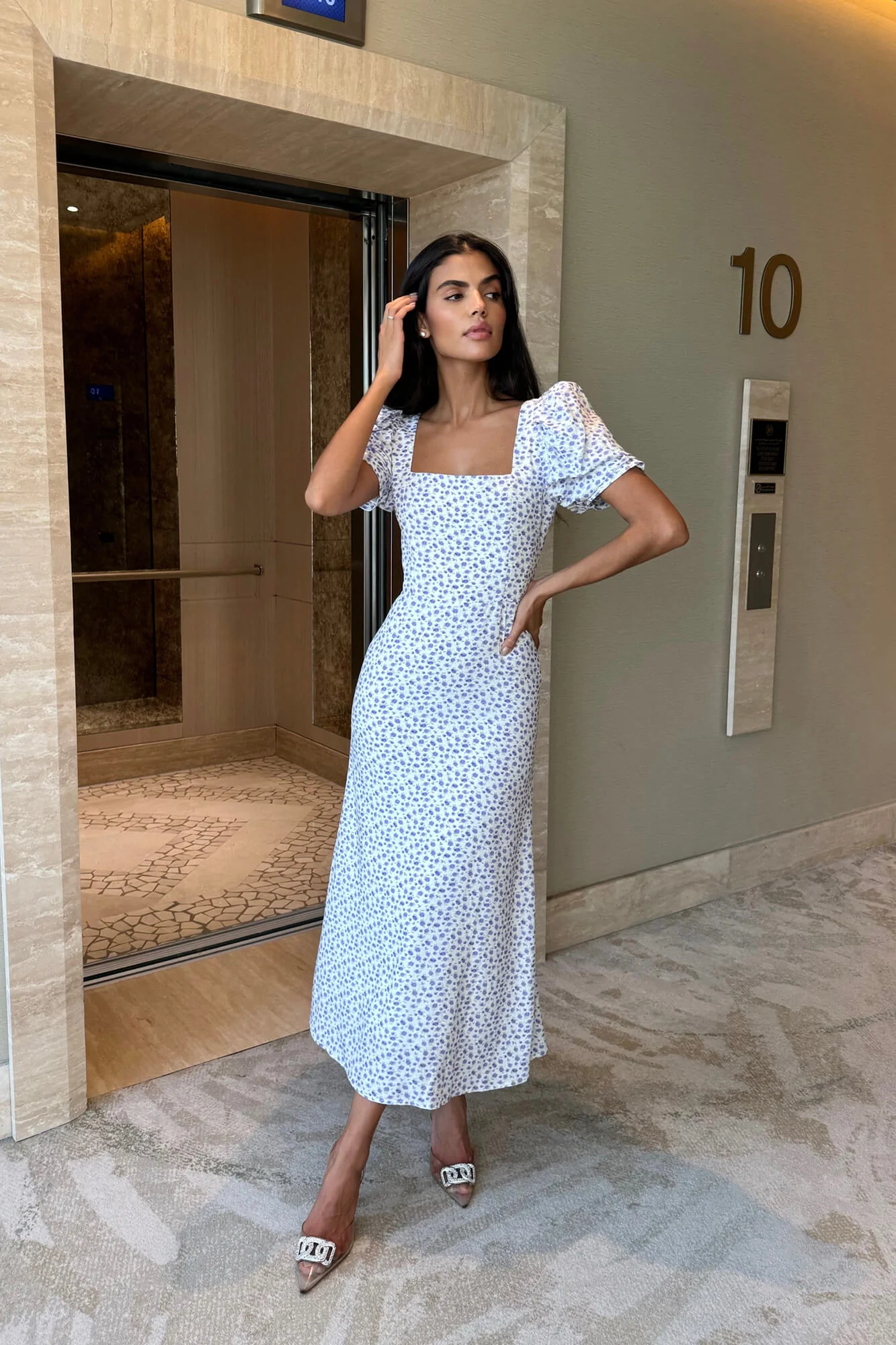 Godet Silhouette Square Neck Midi Dress