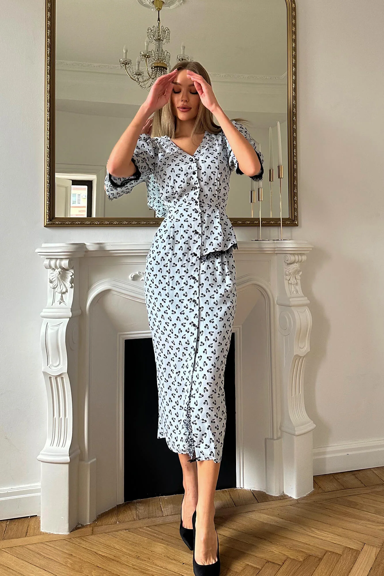 Lace Decorated Button Front Midi Dress