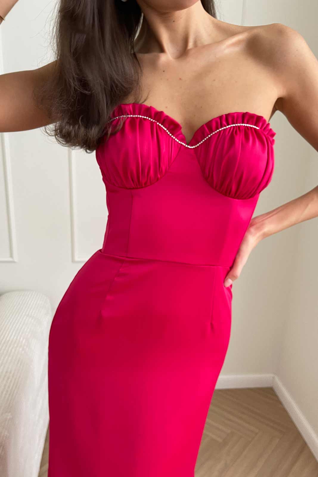 Bustier Draped Sequin Decorated Bodice Midi Dress