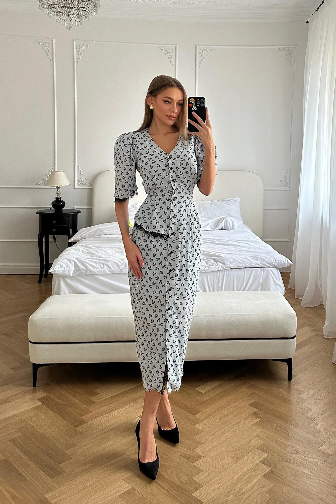 Lace Decorated Button Front Midi Dress