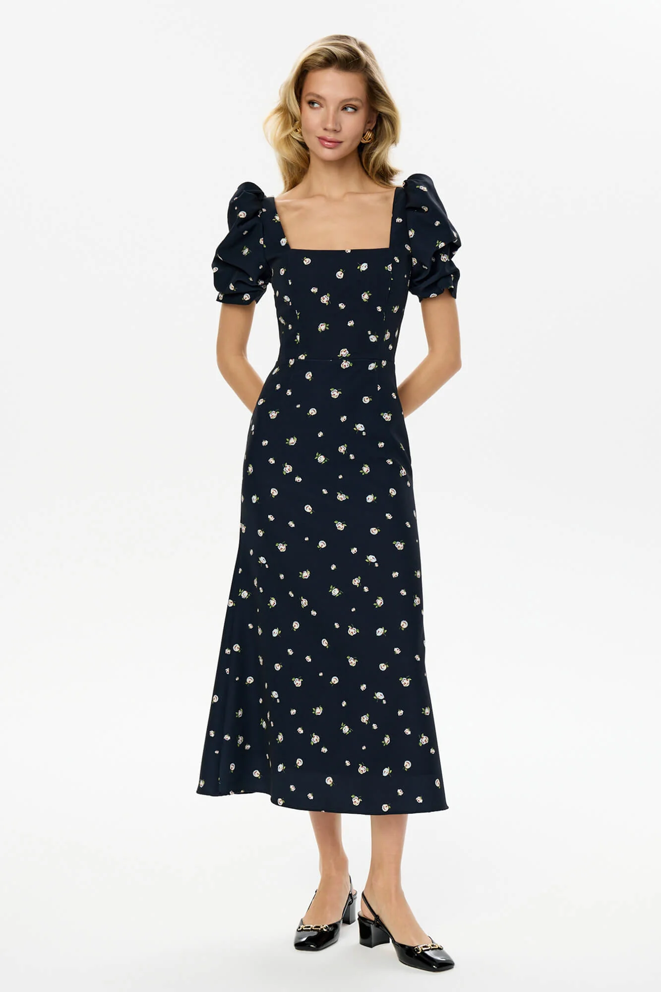 Godet Silhouette Square Neck Midi Dress