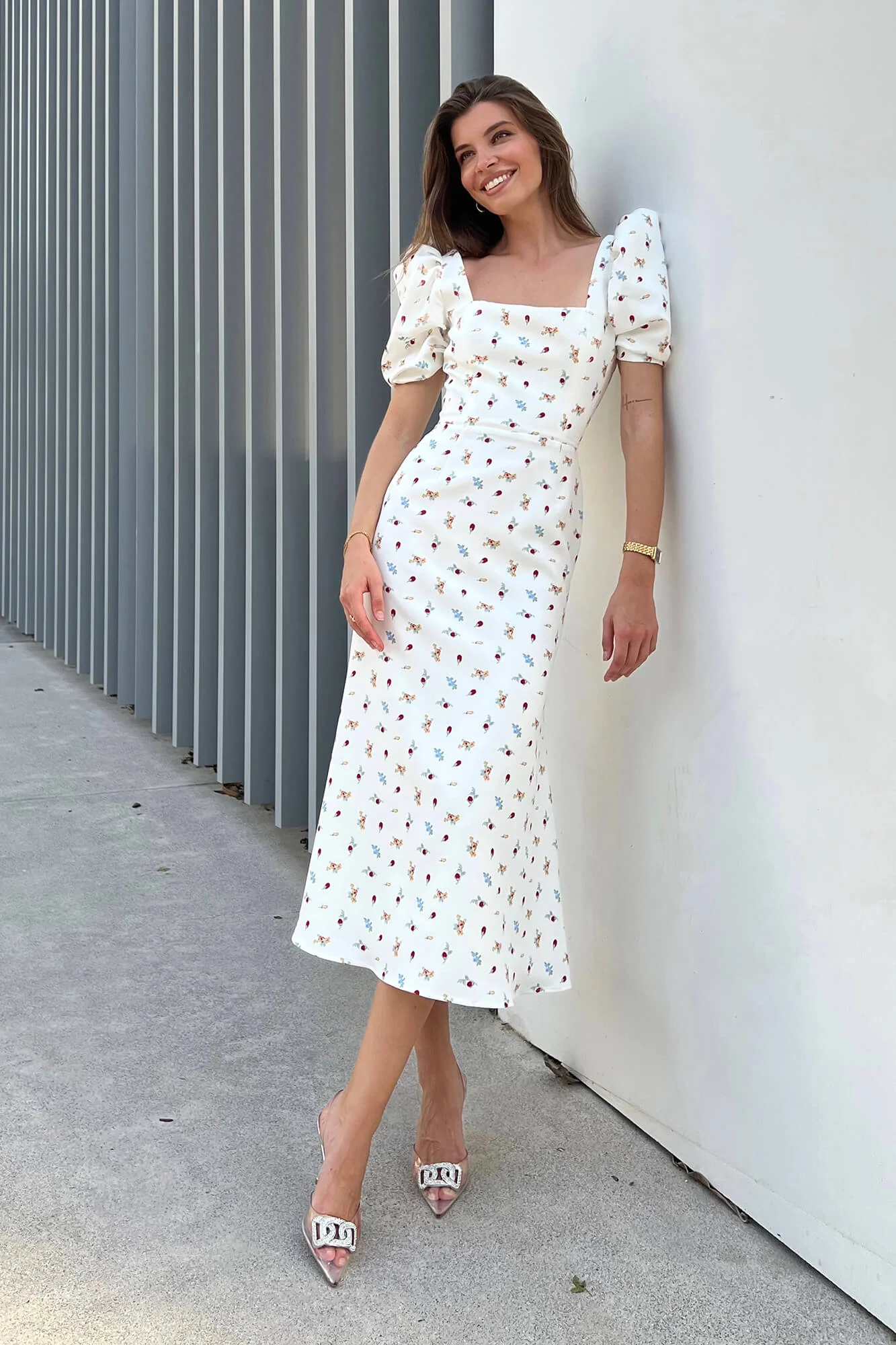 Godet Silhouette Square Neck Midi Dress